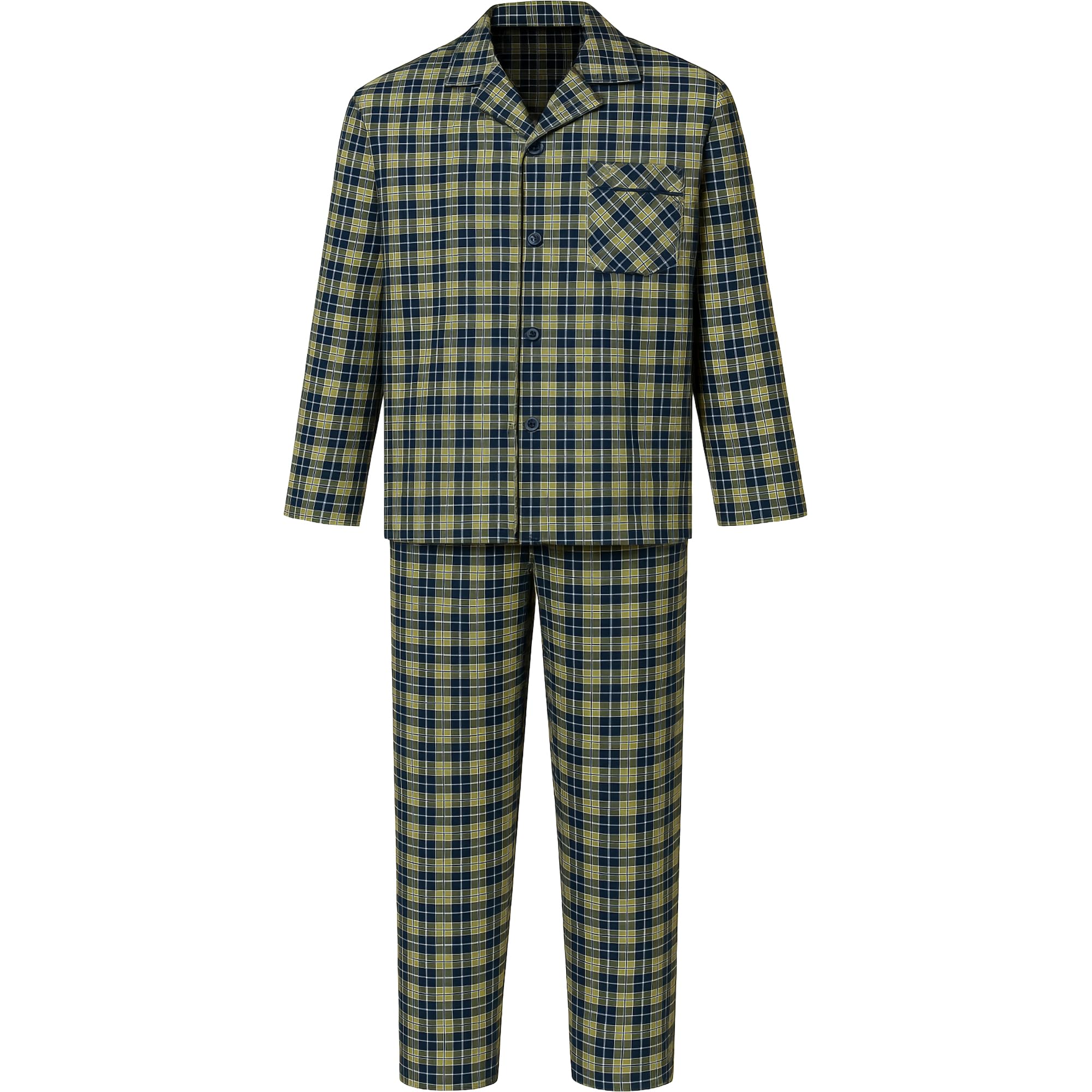 Lamaniere Men's Olive Black Checked Pyjama Set Traditional Woven Sleeping Nightwear Top & Bottom Pyjamas Check Trousers & Shirt Set Pjs, 5XL
