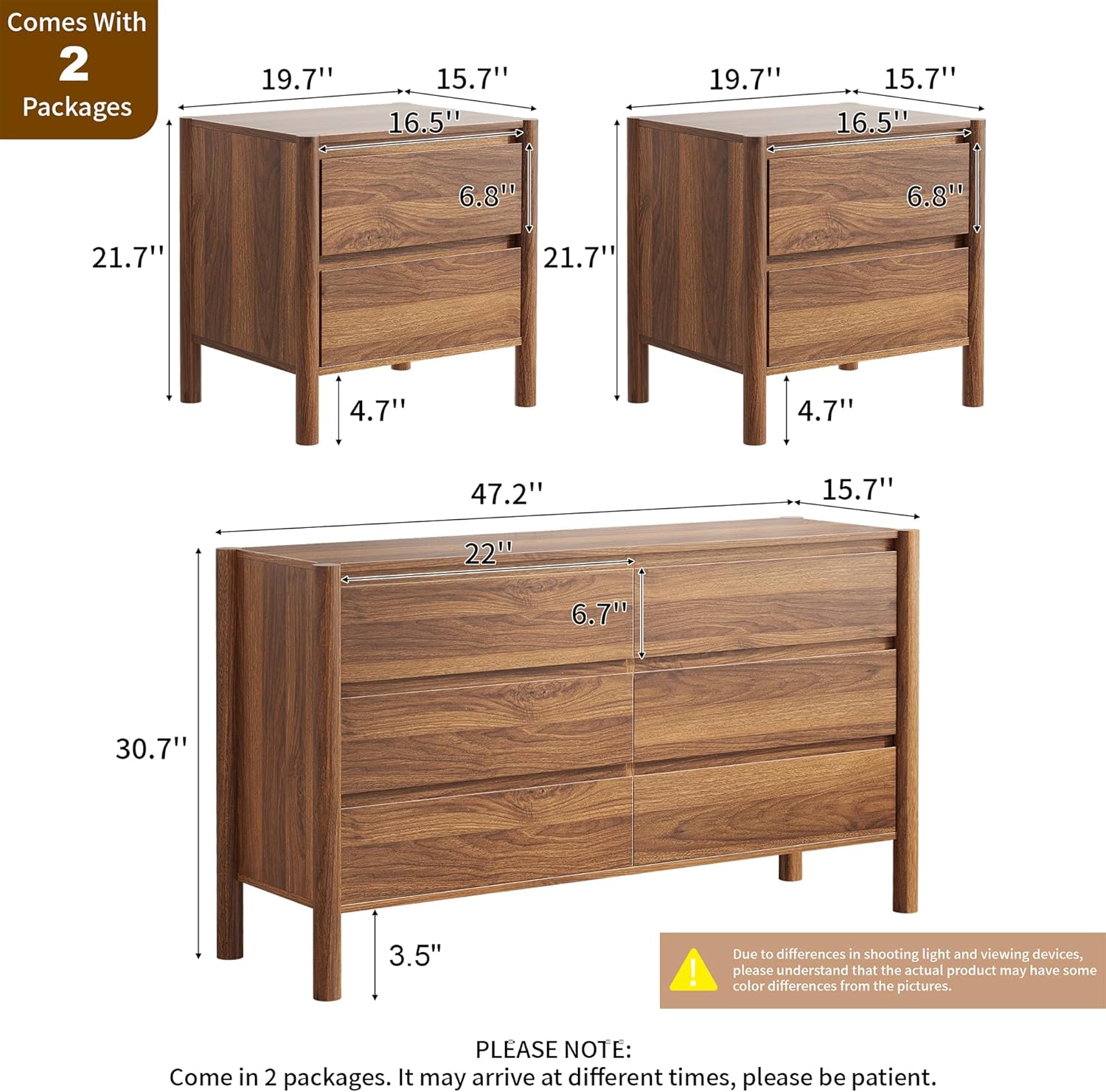 CHUWELL 3-Piece Bedroom Dresser Set-6 Drawer Dresser & 2 Nightstands,47" Wide Dresser and Night Stands with Solid Wood Cylindrical Legs,Rustic Wooden Storage for Bedroom(Walnut)
