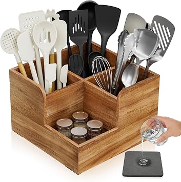 Yofidra Kitchen Utensil Holder with Stone Drying Mats, 4 Compartments Corner Utensil Holder for Kitchen Countertop, Extra Large Silverware Organizer Wood Color
