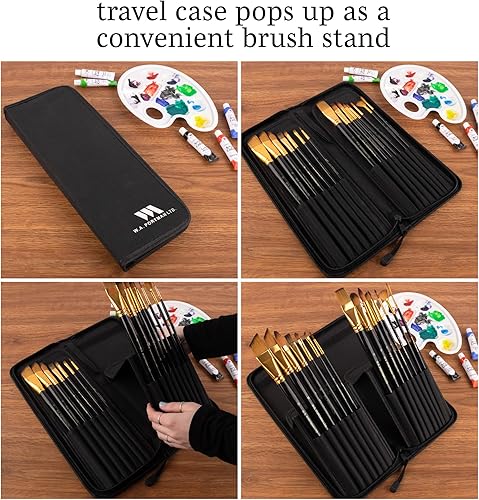 Miniatura 3 de WA Portman - Juego de 15 pinceles profesionales multiusos para pintura acrílica, acuarela y óleo, con estuche con cremallera
