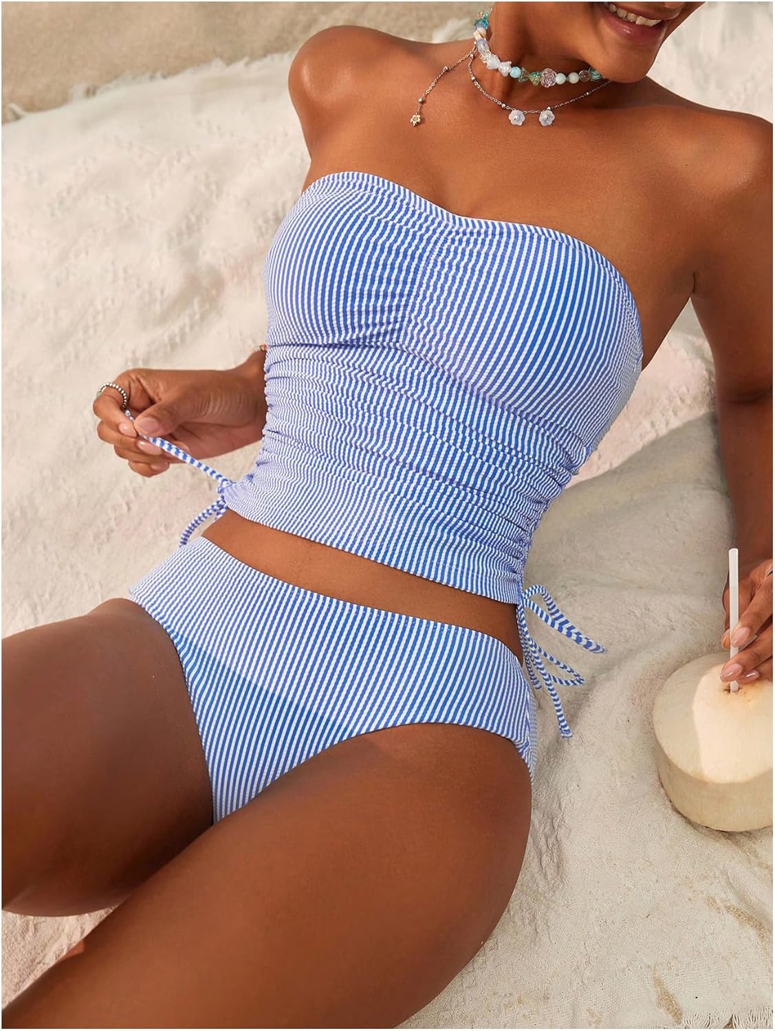 GORGLITTER Women's Striped Bandeau Tankini Swimsuits Side Drawstring Bathing Suit - Image 5
