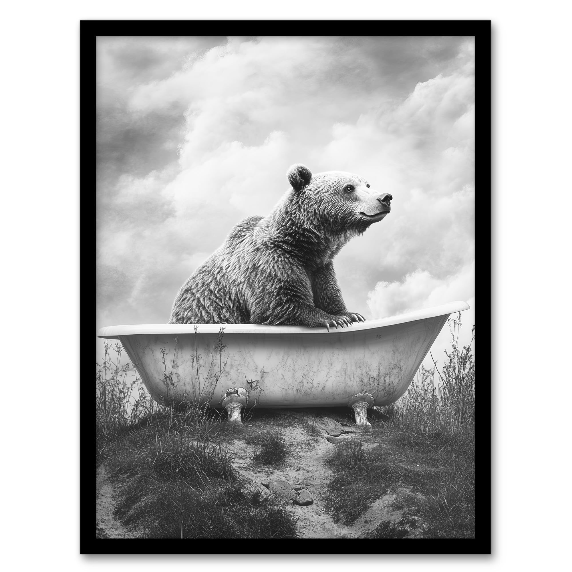 Artery8 Bear Bath in Mountain Bathtub Black White Surreal Bathroom Toilet Artwork Framed Wall Art Print A4