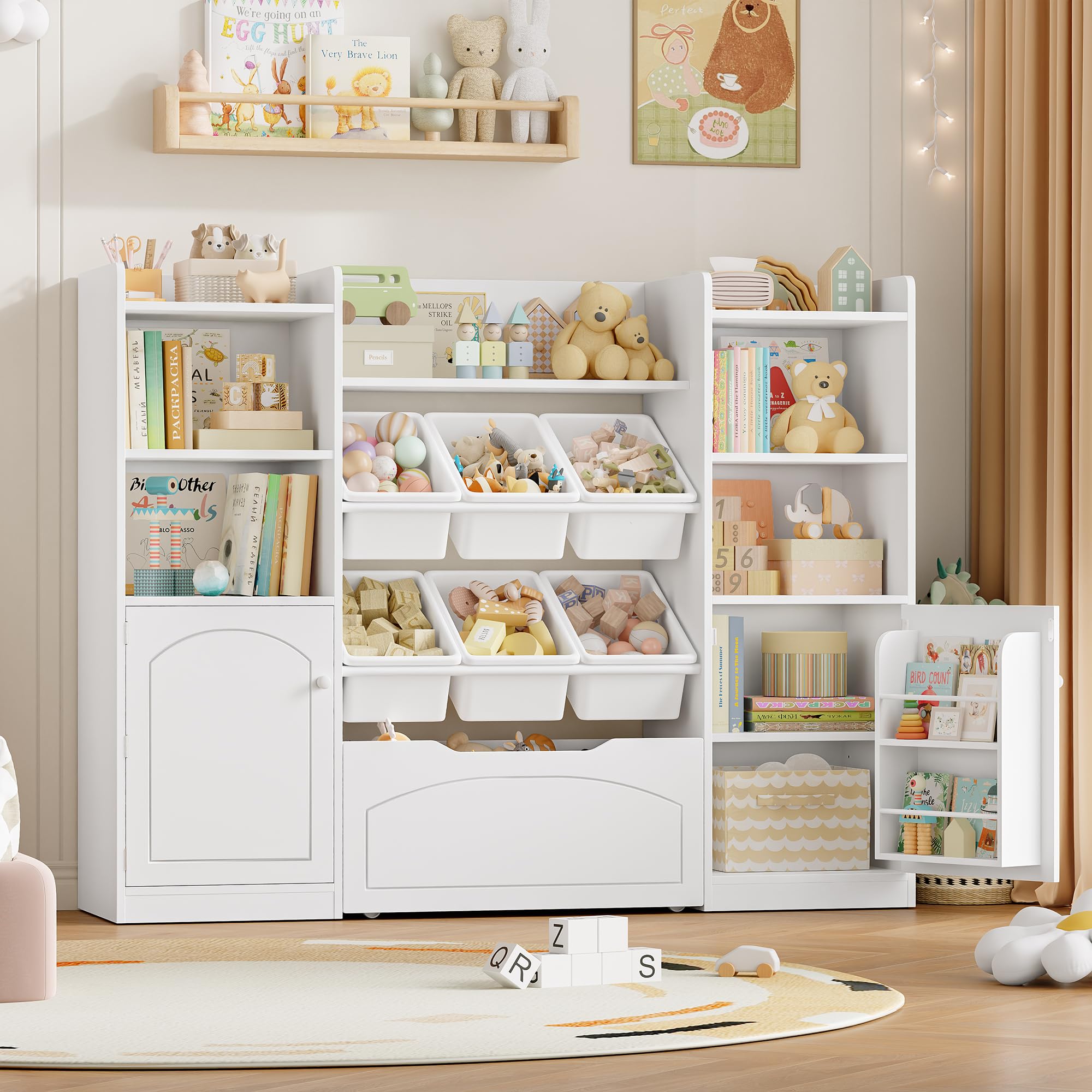 FOREHILL Libreria Montessoriana per Bambini, Porta Giochi Bambini a 6 Scatole, Organizer Giocattoli a Ripiani Regolabile, 7 Scomparti Aperti, per Cameretta e Sale Giochi, 140,5x33x108,2 cm, Bianco