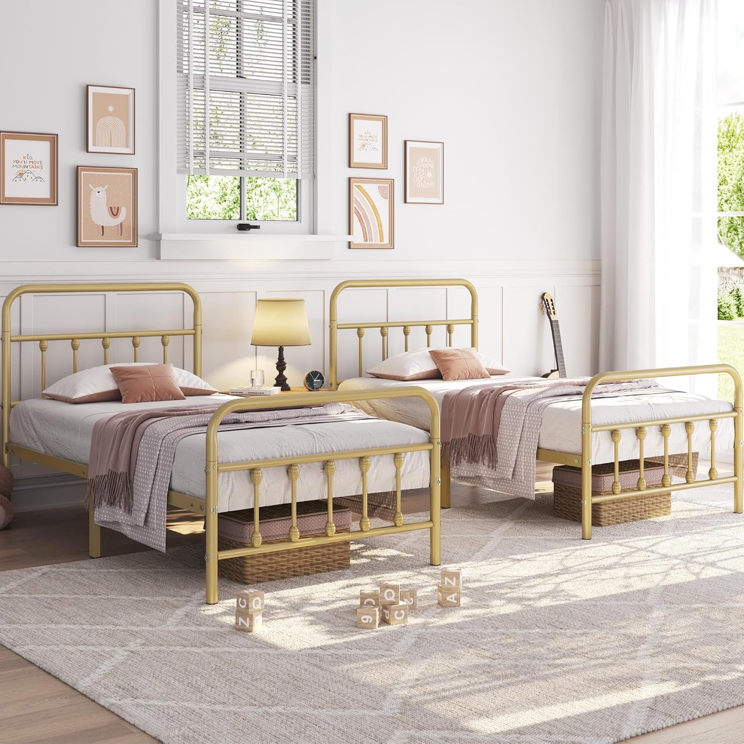 Yaheetech 2Pcs Twin Size Metal Platform Bed Frame with Victorian Style Iron-Art Headboard/Footboard/Under Bed Storage/No Box Spring Needed Antique Gold