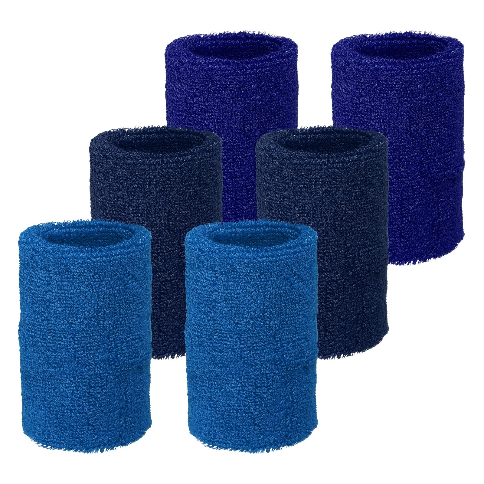 YELARXI Wrist Sweatbands Sports Absorbent Wristband Tennis Wrist Bands Sweat Band for Men and Women Elastic Breathable Wristbands, 6 Pack & 4" & Lake Blue/Navy Blue/Dark Blue
