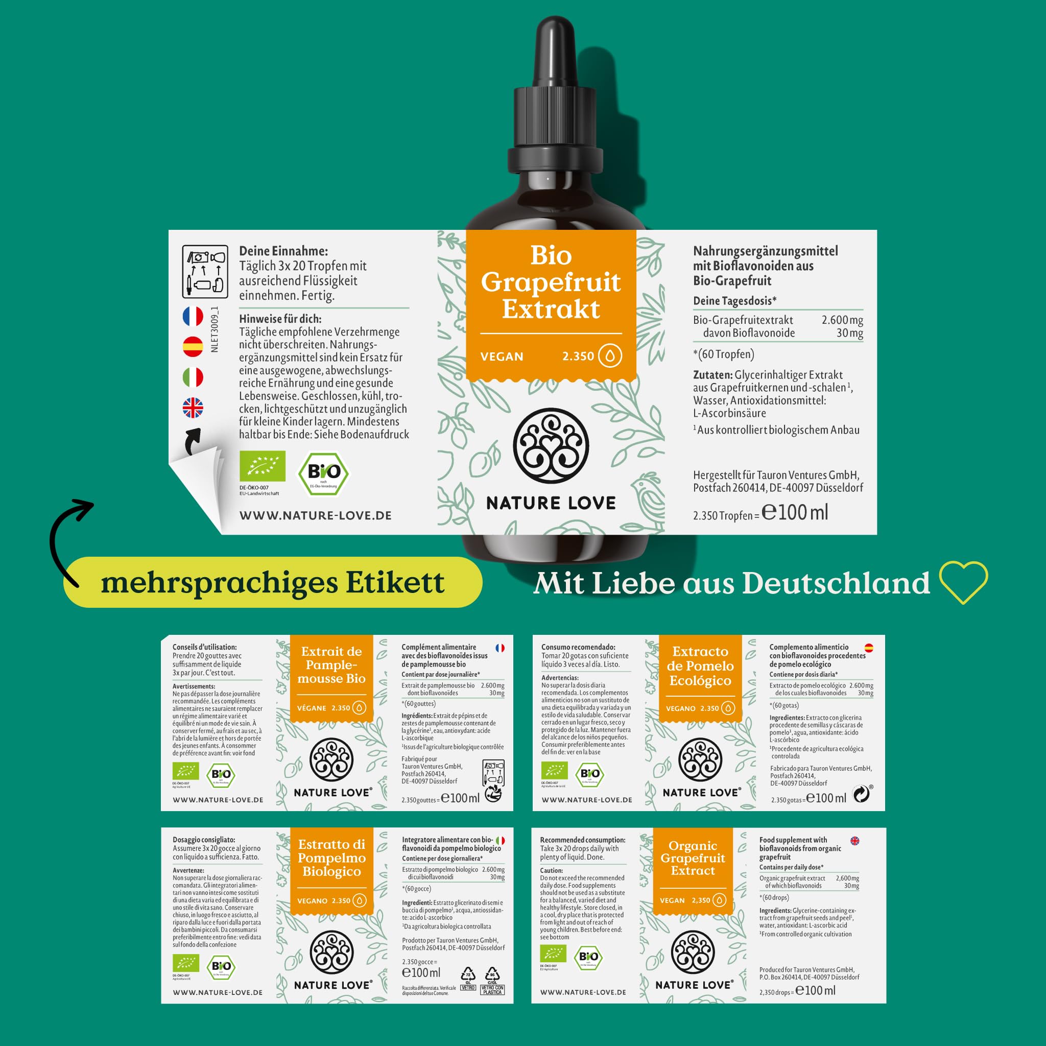 NATURE LOVE® Bio Grapefruitextrakt - 2.600 mg Grapefruitextrakt / 100ml - Laborgeprüft und Bio zertifiziert - Grapefruit Extrakt aus Kern und Schale - Hochdosiert, vegan und in Deutschland produziert