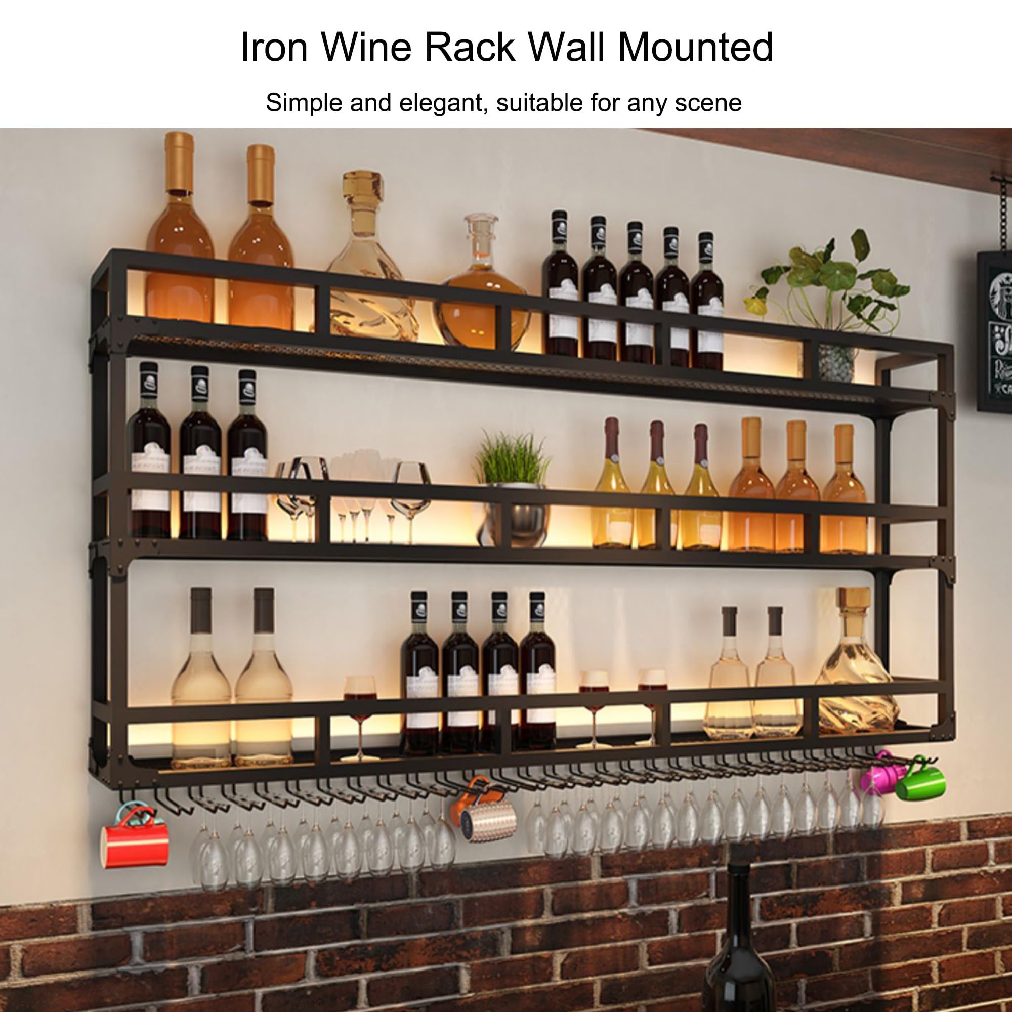 Estante flotante de pared para vino con luz LED, estante de exhibición de botellas de licor montado en la pared y almacenamiento de vino colgante para el hogar, bar, cocina, cafetería, restaurante