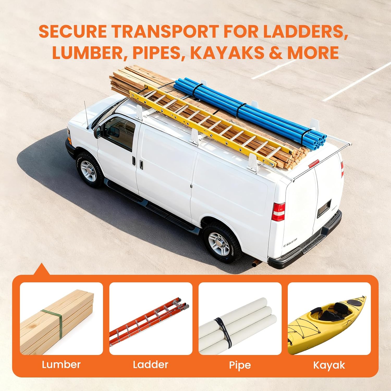 Van Roof Ladder Rack, 3 Adjustable Crossbars (48"-67") with Rain Gutter Mounts, Compatible with Chevy Express 1500/2500/3500 and GMC Savana Cargo Vans with Rear Roller