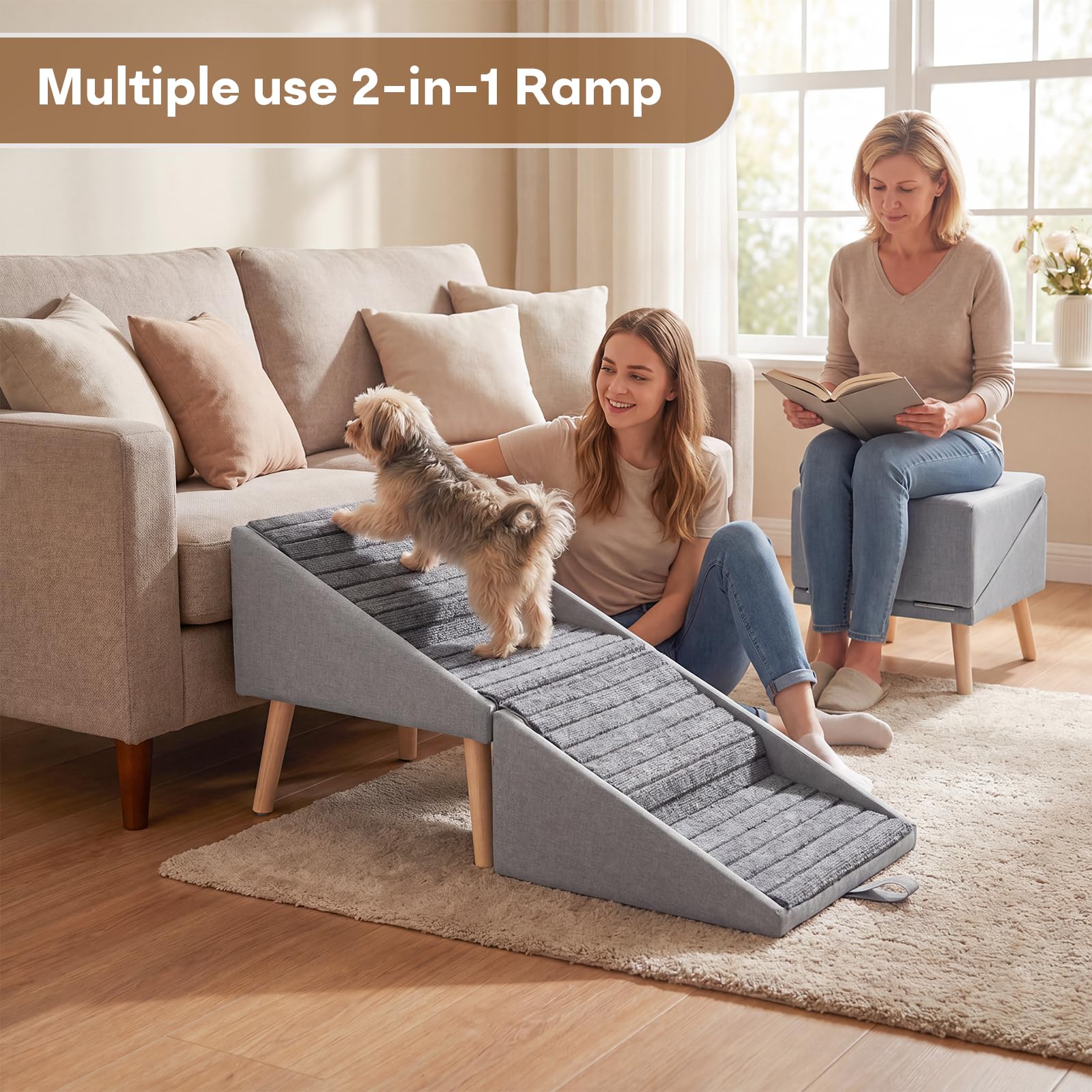 Scaletta per cani, Rampa per cani Antiscivolo e Pieghevole in Legno, Altezza 42,5 cm, Scaletta 2 in 1 per cagnolini e gatti, Adatta per Letto e Divano,scalette per cane,Grigio chiaro
