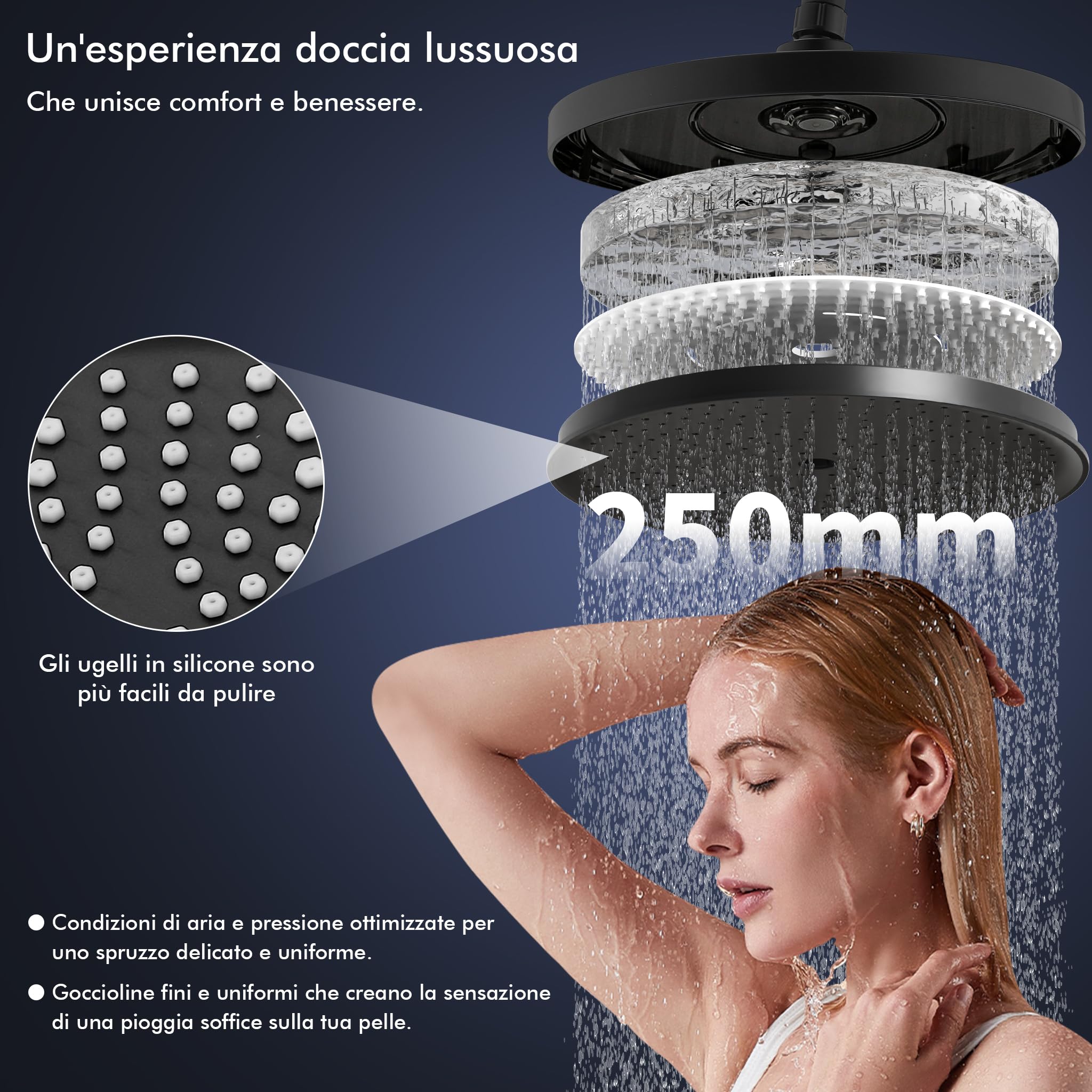 HOMELODY Duschsystem mit Armatur und Glasablage - Duscharmatur Komplettset Schwarz, 5 Strahlarten Handbrause und Wasserfallauslauf, Ø25cm Regendusche Set, Höhenverstellbar, ohne zusätzliches Bohren