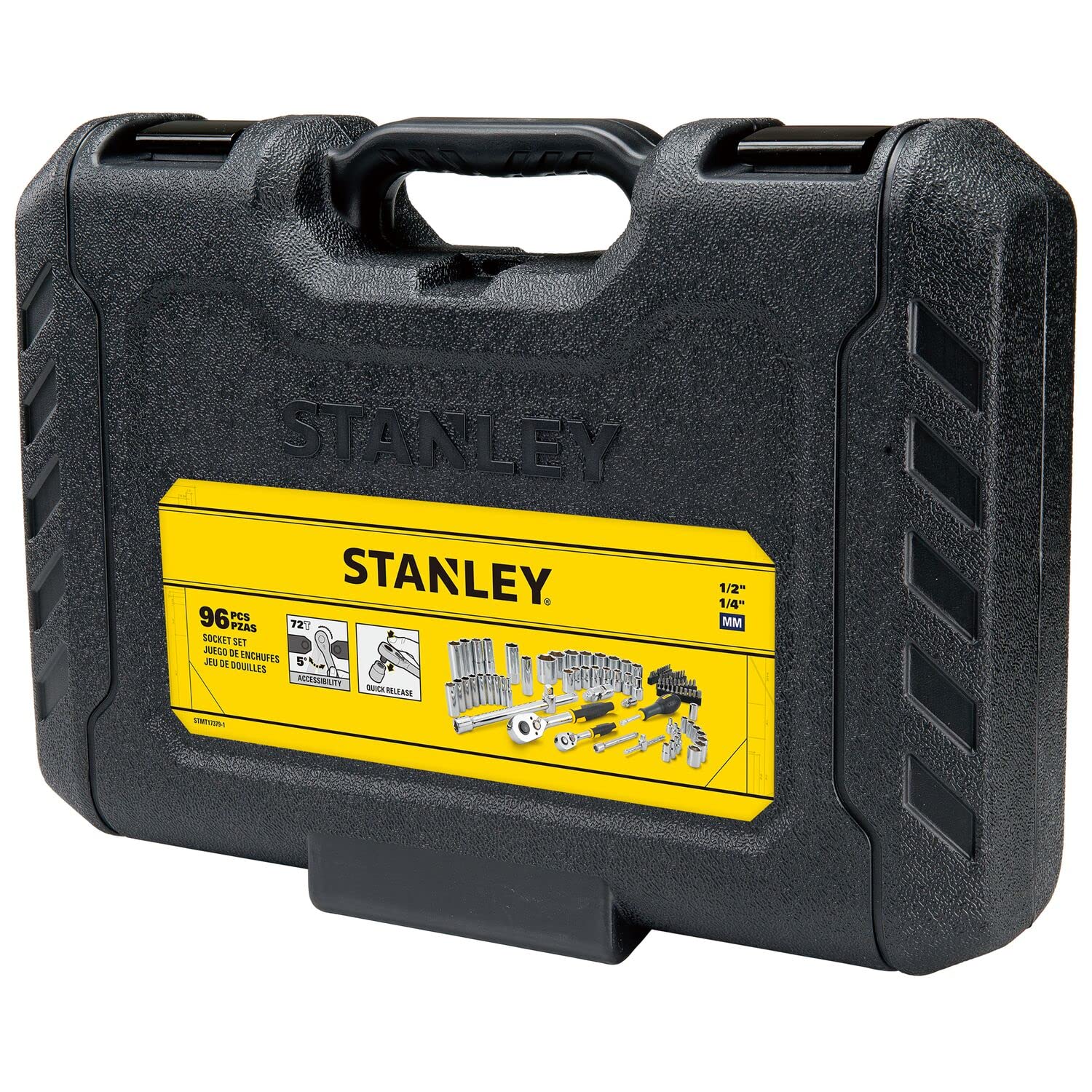 Stanley - Confezione di bussole - 1 Cricchetto 72 denti ¼" - 1 Cricchetto 72 denti ½" - 41 punte di avvitamento - SET DI 96 PZ - STMT17379-1