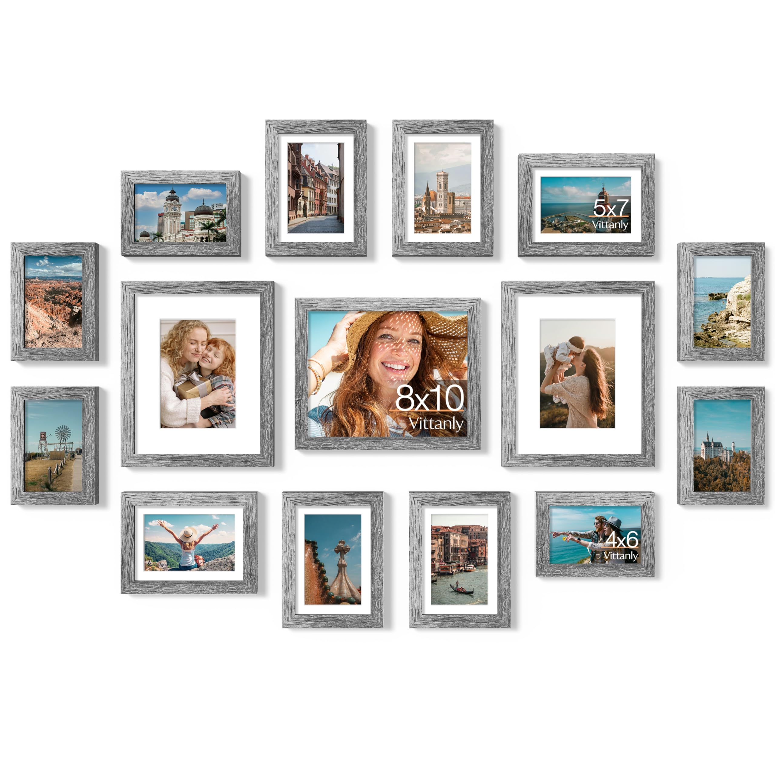 Vittanly 15 Pack Picture Frames Collage Wall Decor for Mounting or Tabletop Display, Gallery Frame Set for Family, Multi Sizes Including 3pcs 8x10, 6pcs 5x7, 6pcs 4x6, Grey