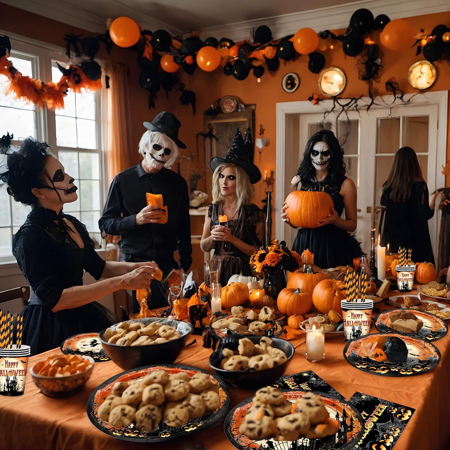 Avezano 192 Pcs Halloween Paper Plates and Napkins Happy Halloween Party Decorations Tableware Scary Moon Night Birthday Baby Shower Holiday Party Decor Serve 24 (Orange)