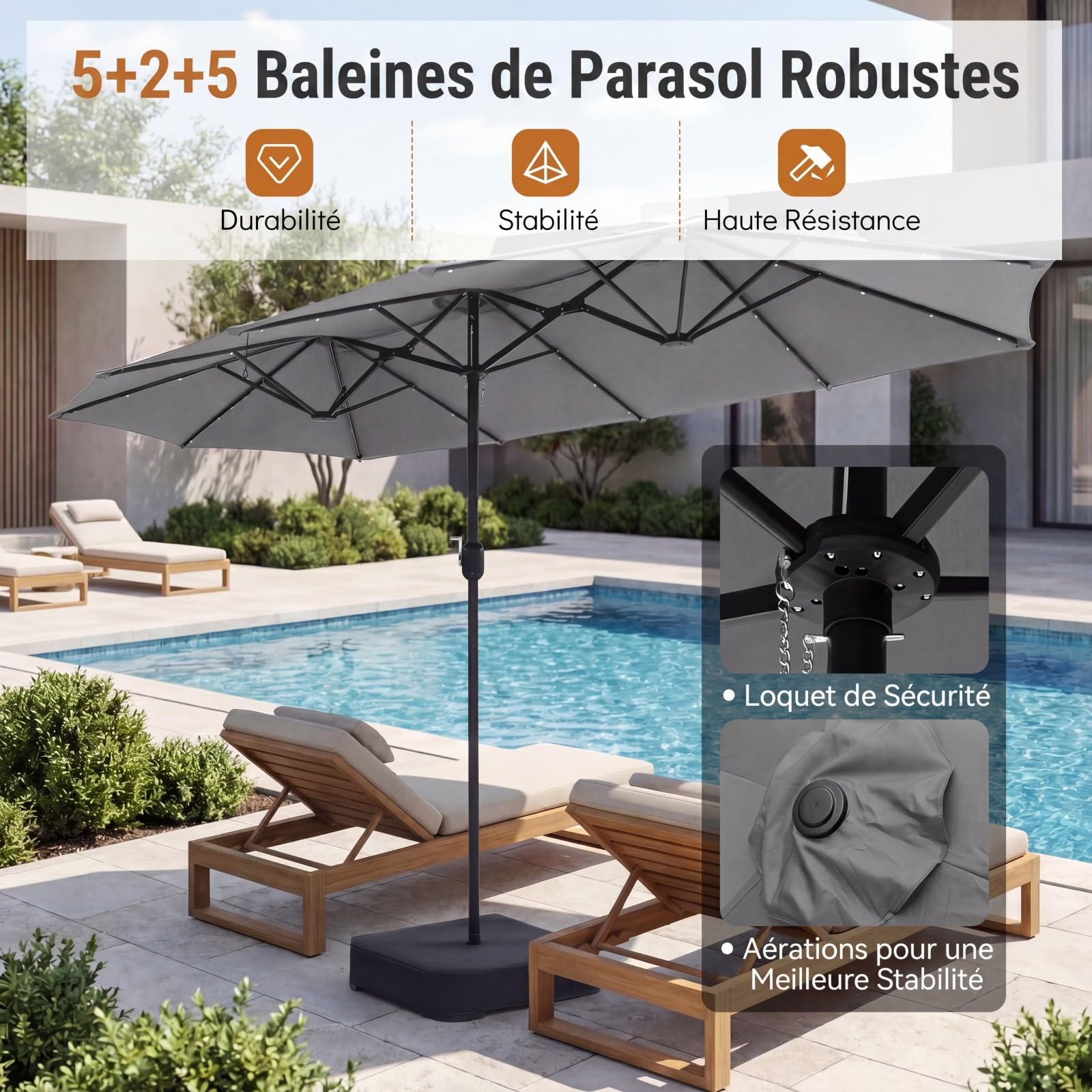 RELAX4LIFE Grand Parasol de Jardin Exterieur LED avec Pied, 4x2M Parasol Double Éclairé pour Terrasse/Piscine/Marché, 12 Baleines Renforcées, Manivelle, Protection Solaire pour 6-8 Personnes (Gris)