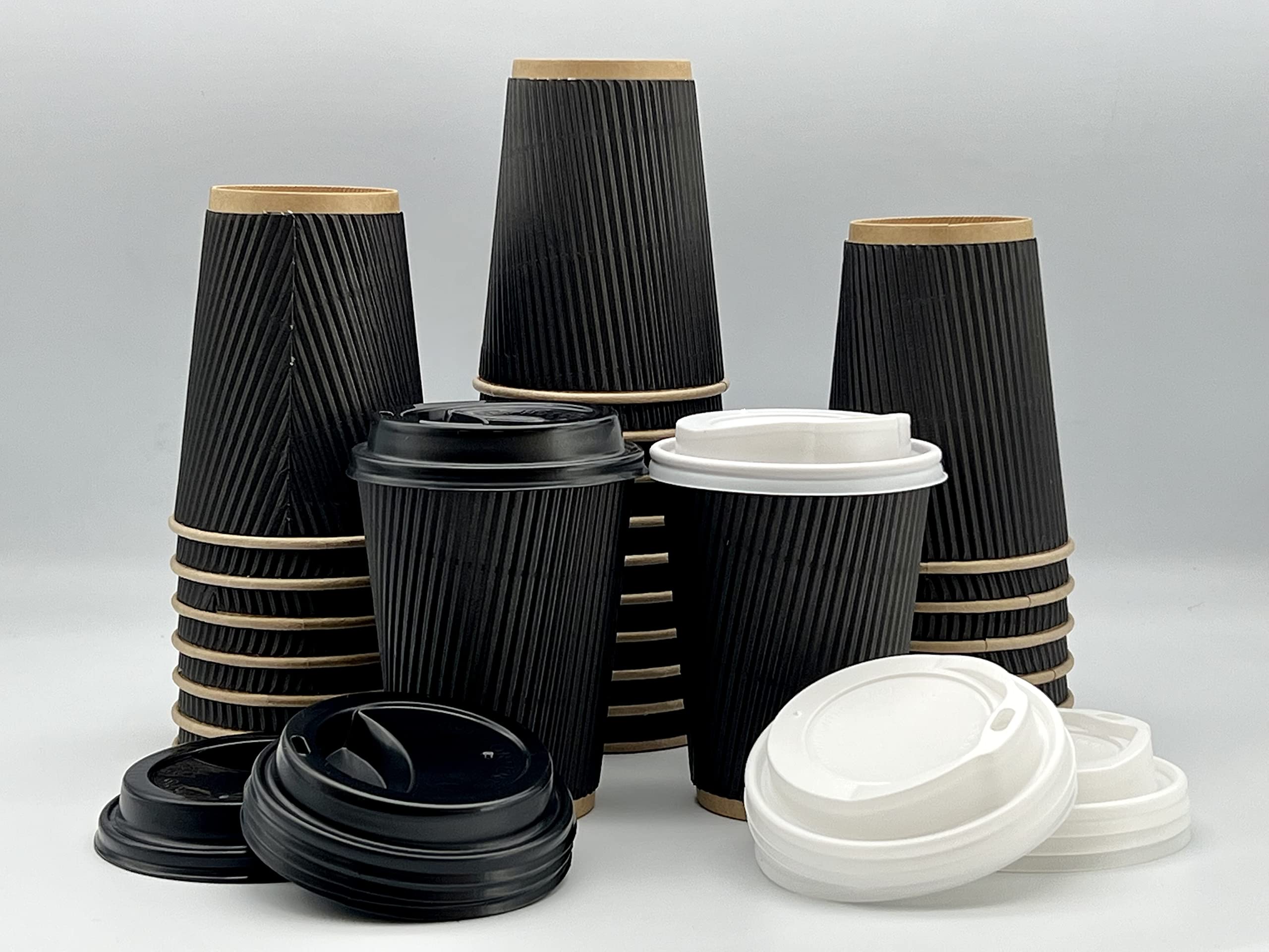 HOT BARGAINS, 100 X 12oz / 360ml Kraft Cups with Lids Black Ripple Out Side and Kraft Inside Triple Walled Disposable Paper Cups for Coffee Tea Cups Disposable Hot Drink Cups
