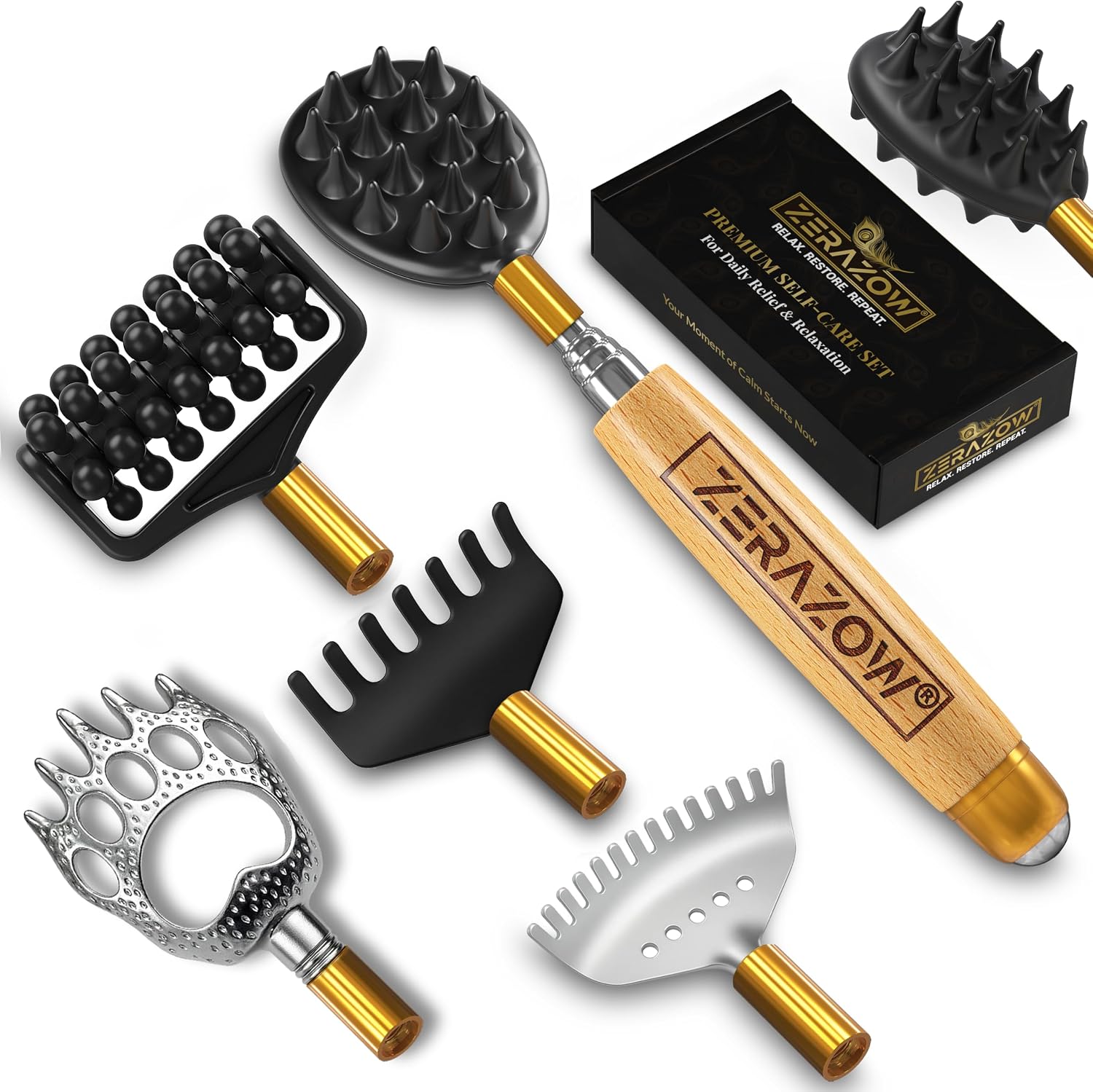 ZERAZOW® Extendable Back Scratcher for Men & Women, Telescoping Wooden Back Scratcher Set with 5 Detachable Heads, Head & Scalp Scratcher, Back Massager Stick, Fathers Day Gift