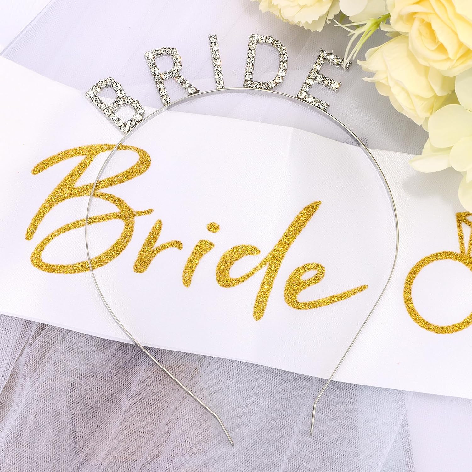 Silver Bride Tiara with White Veil & Gold Letter Satin Sash for Wedding, Bachelorette Party, Engagement Event - Image 5