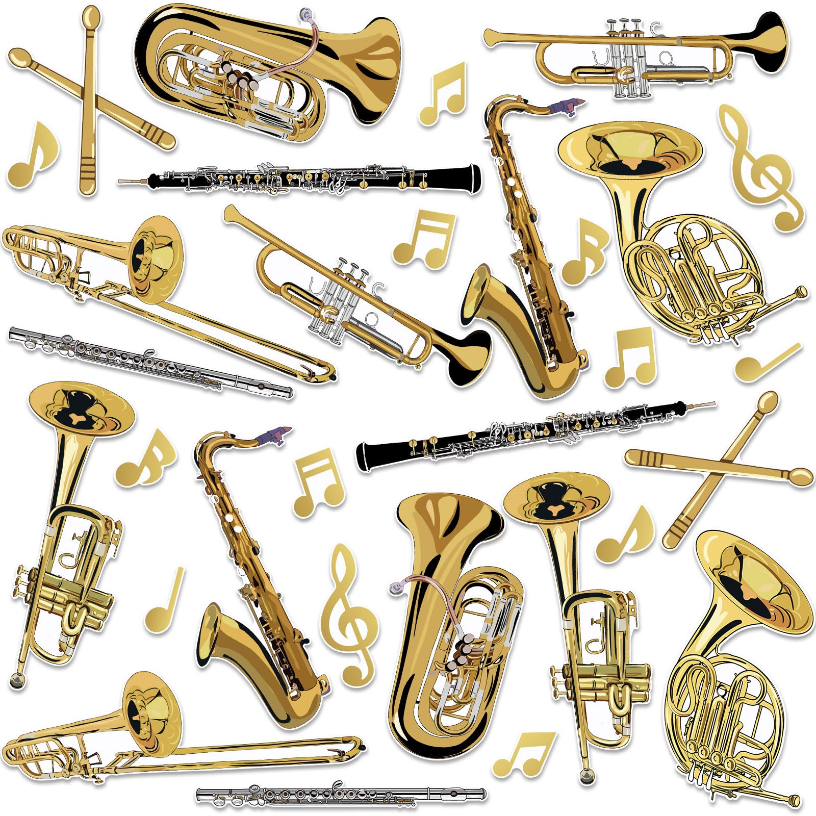 Marspark 32 Pcs Gold Musical Instruments Cutouts Musical Party Decorations Imitation Metal Paper Cut Outs for Marching Band