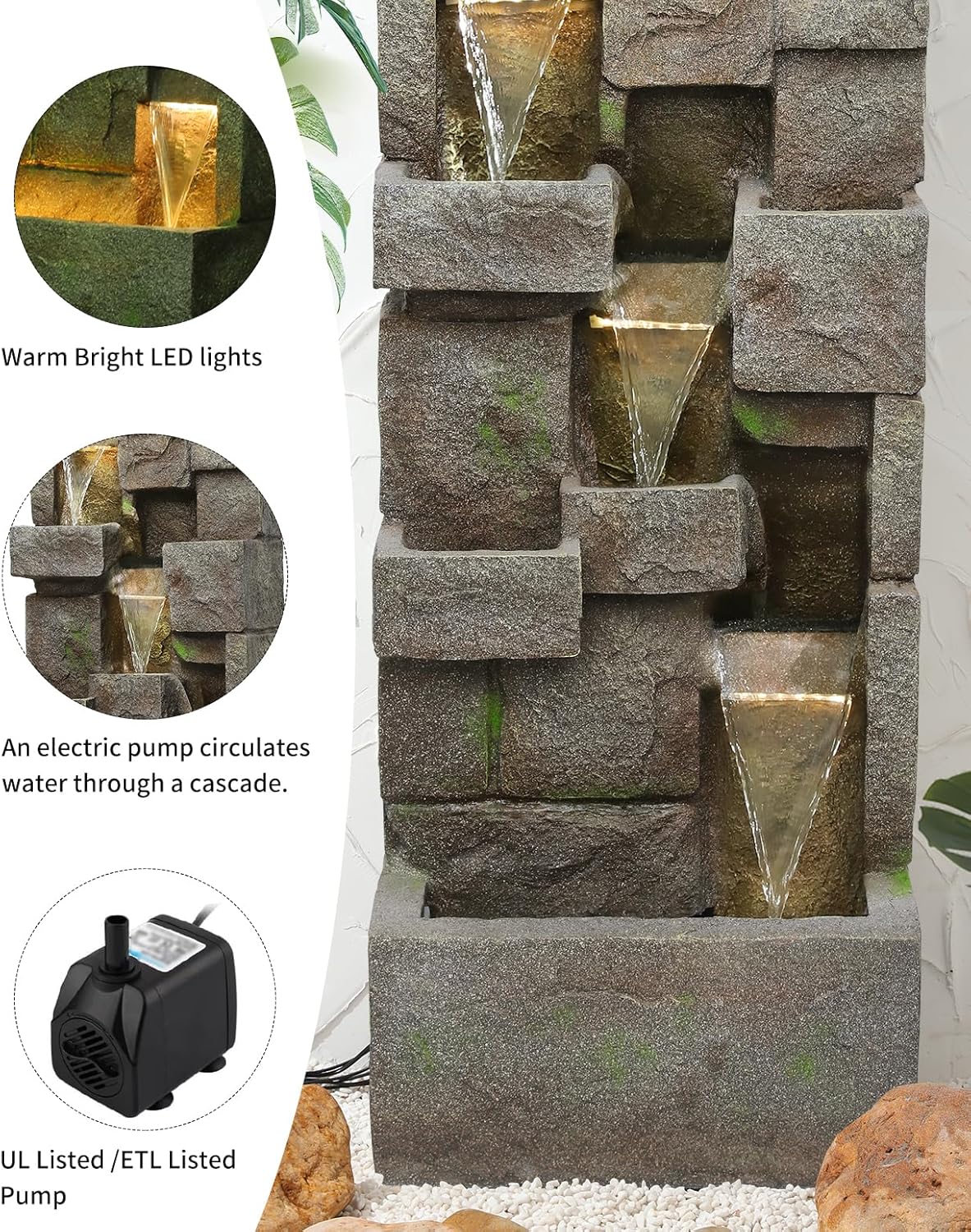 48.6" Water Fountain Outdoor Floor-Standing Garden Fountains with LED Lights 3 Tier Modern Waterfall Fountain Decor Rock Fountain for Patio Garden Yard Backyard Porch Home Art Decor, Yellow