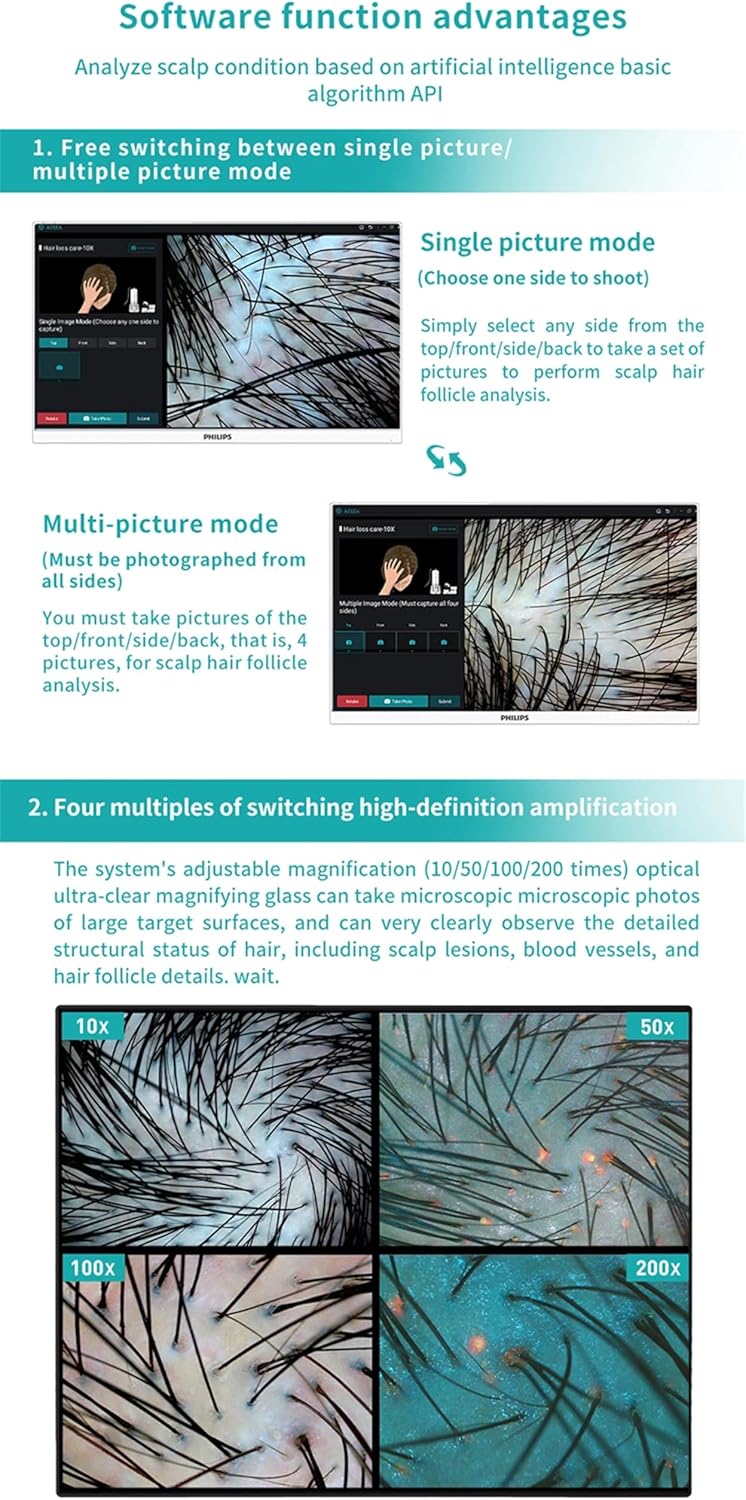Professional Scalp Camera, High-Resolution Hair and Scalp Analysis Device with 4 Detection Lens, 200 Times Magnification, for Home, Beauty Salon Spa with Display