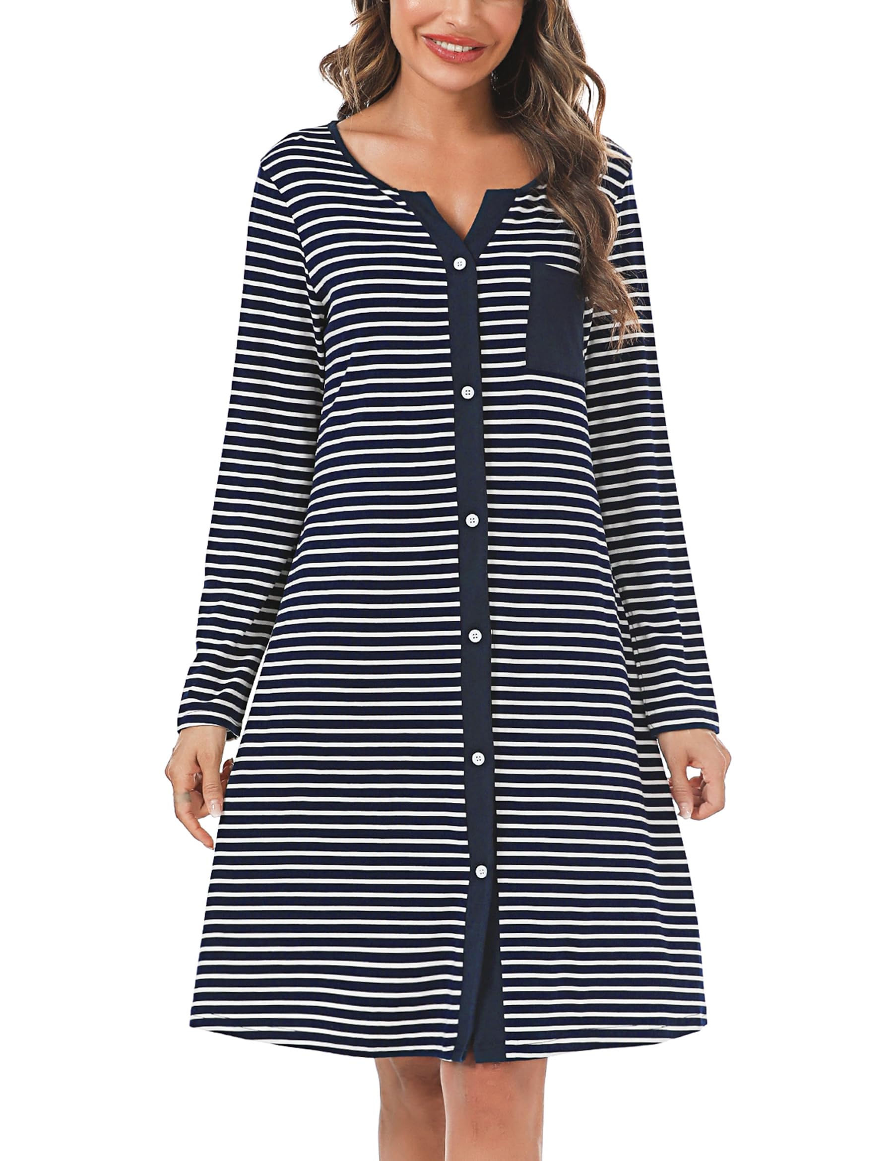 Women's Long Nightgown Cotton Nightdress Stripe Nightshirt Long Sleeve V Neck Sleep Dress Soft Ladies Relaxed Nightshirt Sleepwear
