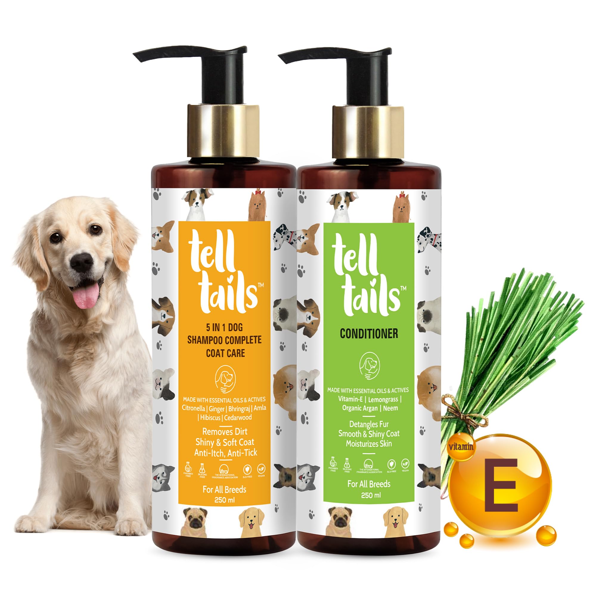 TELLTAILS 5-in-1 Organic Dog Shampoo & Conditioner Combo | Flea, Tick & Odor Removal | Moisturizes, Detangles & Adds Shine | Antibacterial & Antifungal | for All Breeds | 500ml (2 x 250ml)