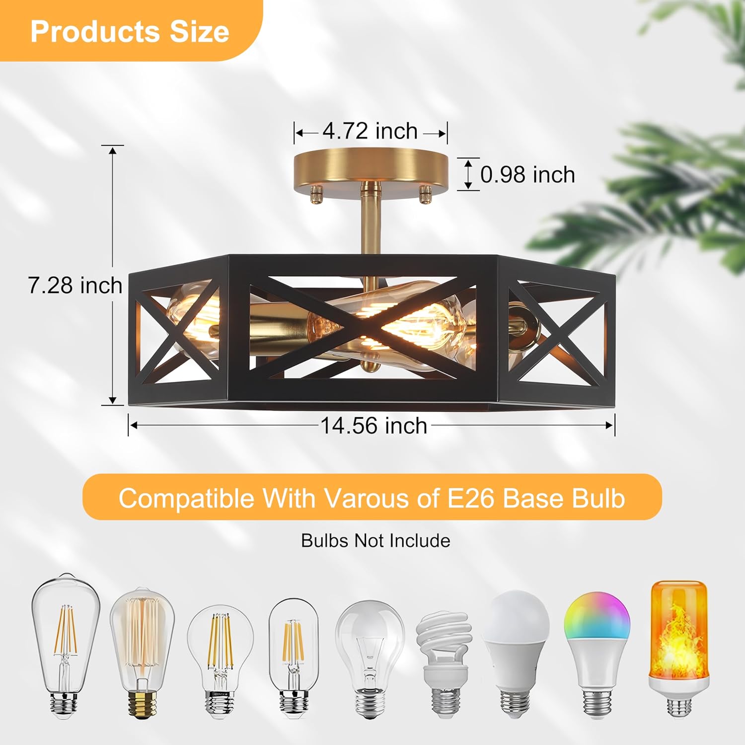 Rustic Foyer Lighting Fixtures, Black Farmhouse Kitchen Light Fixtures Black and Gold Hexagon Ceiling Light with 3 Lights Metal Cage for Hallway Enrtyway 14.5 in