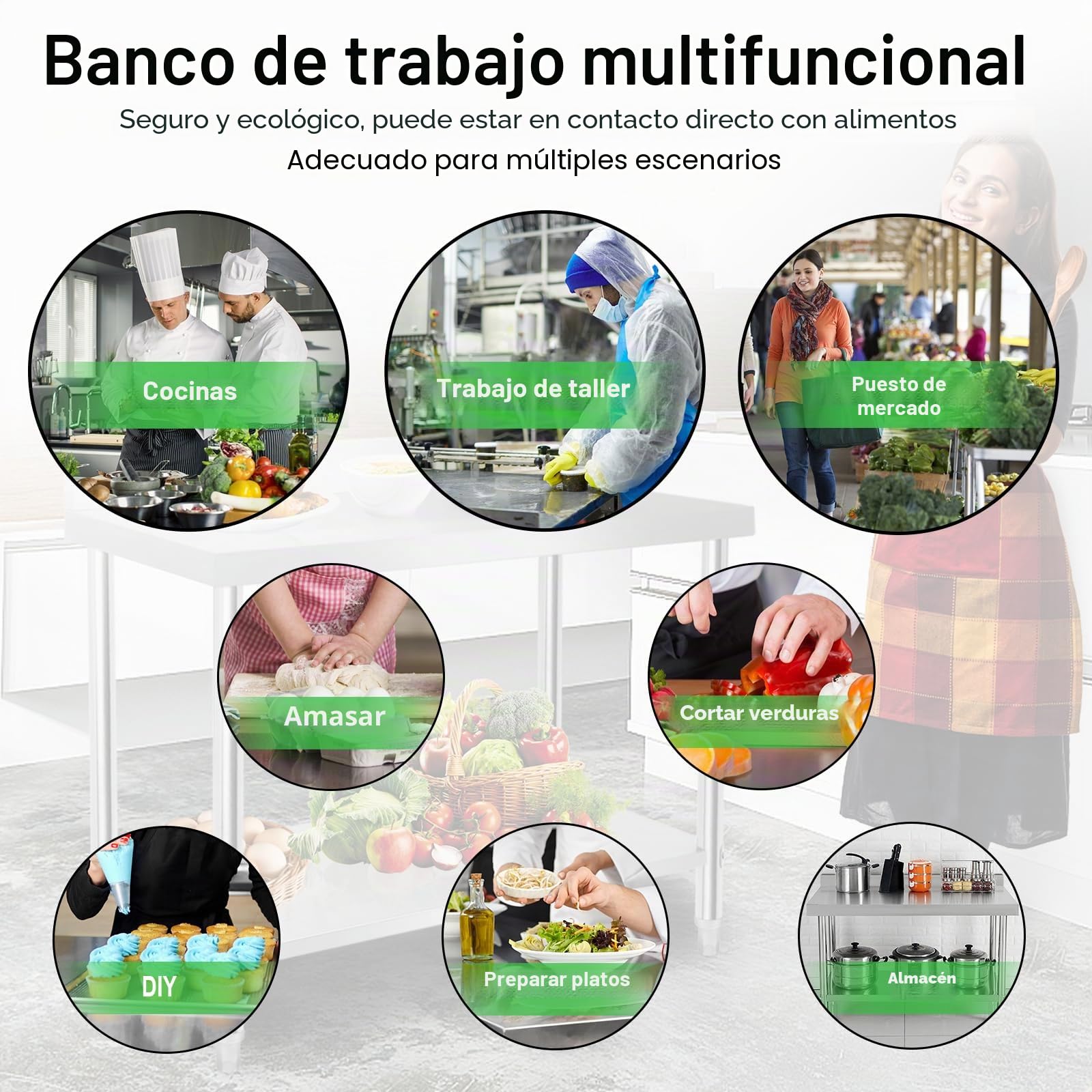 UISEBRT Mesa de trabajo de acero inoxidable con cantos, mesa de cocina con patas ajustables, mesa de cocina para despiece con área de almacenamiento inferior extra grande, 150 x 50 x 85 cm, con cantos