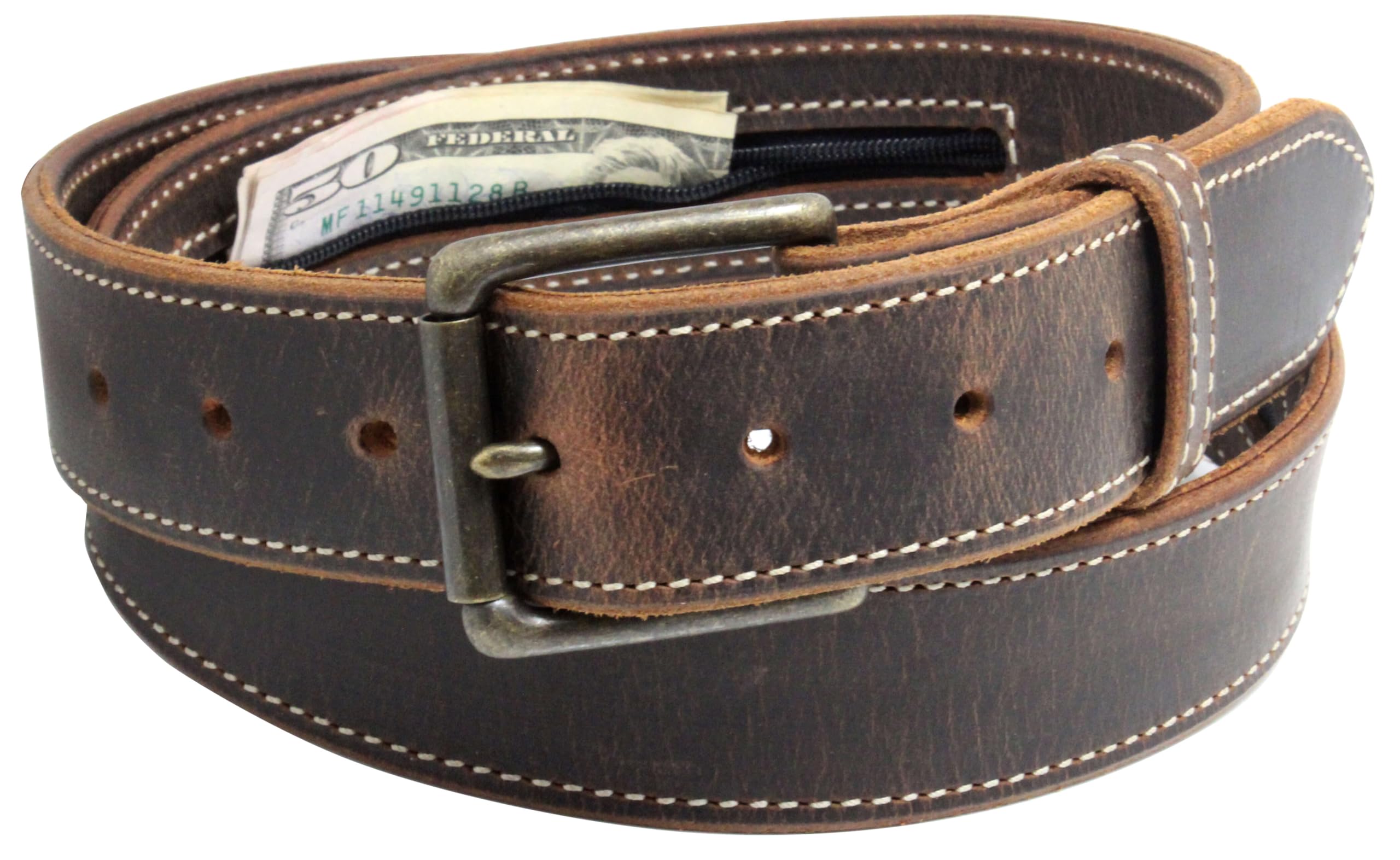 Money Belt, Hidden Zipper Pocket, Travel Security Belt, Full Gain Leather, Amish Made in USA