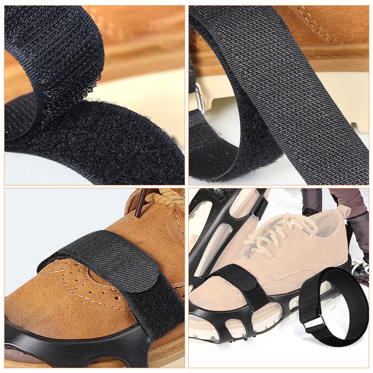 Cinturini Antiscivolo per Scarpe 4 Pezzi in Nylon e Metallo, Regolabili Chiusura a Strappo, Adatti per Trekking e Escursionismo su Ghiaccio