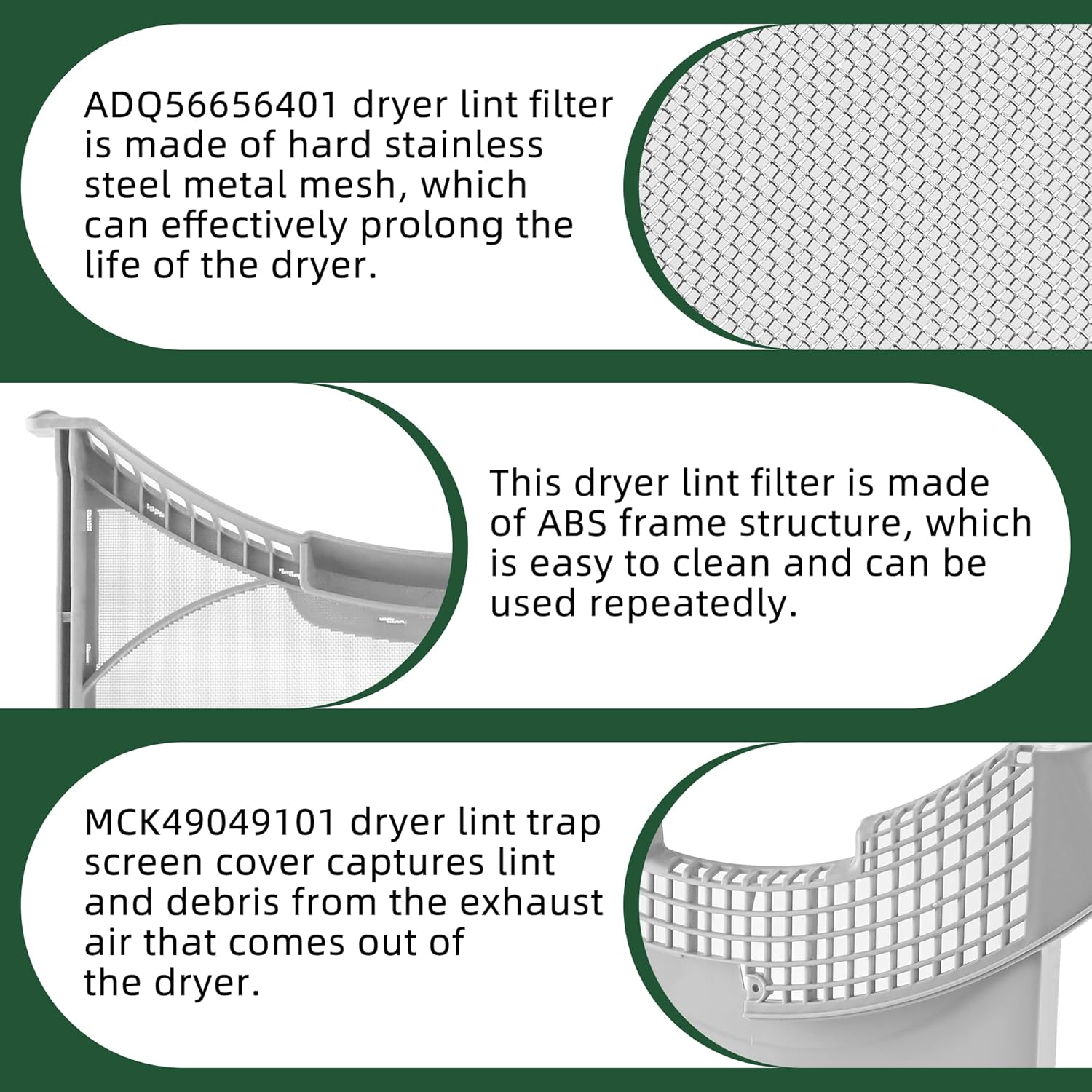 AMI PARTS ADQ56656401& MCK49049101 Dryer Lint Filter hard stainless steel metal mesh and Lint Filter Cover Housing ABS frame structure Compatible with LG Dryer