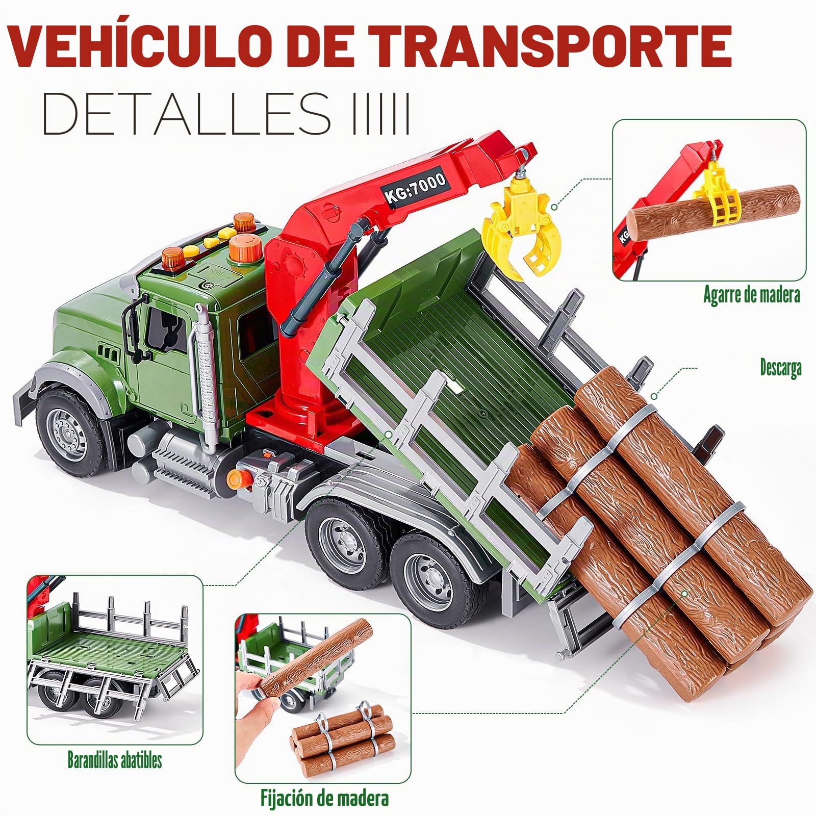 Tacobear Camión de Transporte de Madera Juguete Grande Camión 1:16 Transportador de Coches con Luces y Sonidos Función Grúa de Carga Vehiculos Camion Juguete Regalo para Niños 3 4 5 6 7 años