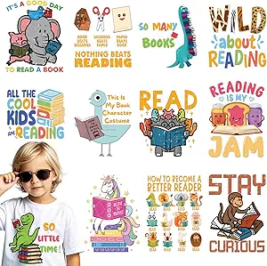 Reading Book DTF Transfers Ready to Press - 12 Sheets Book Lover Iron on Patches Cute Animal Iron On Decals Vinyl Design for T Shirts Hat Backpack Clothing DIY Costume Decor