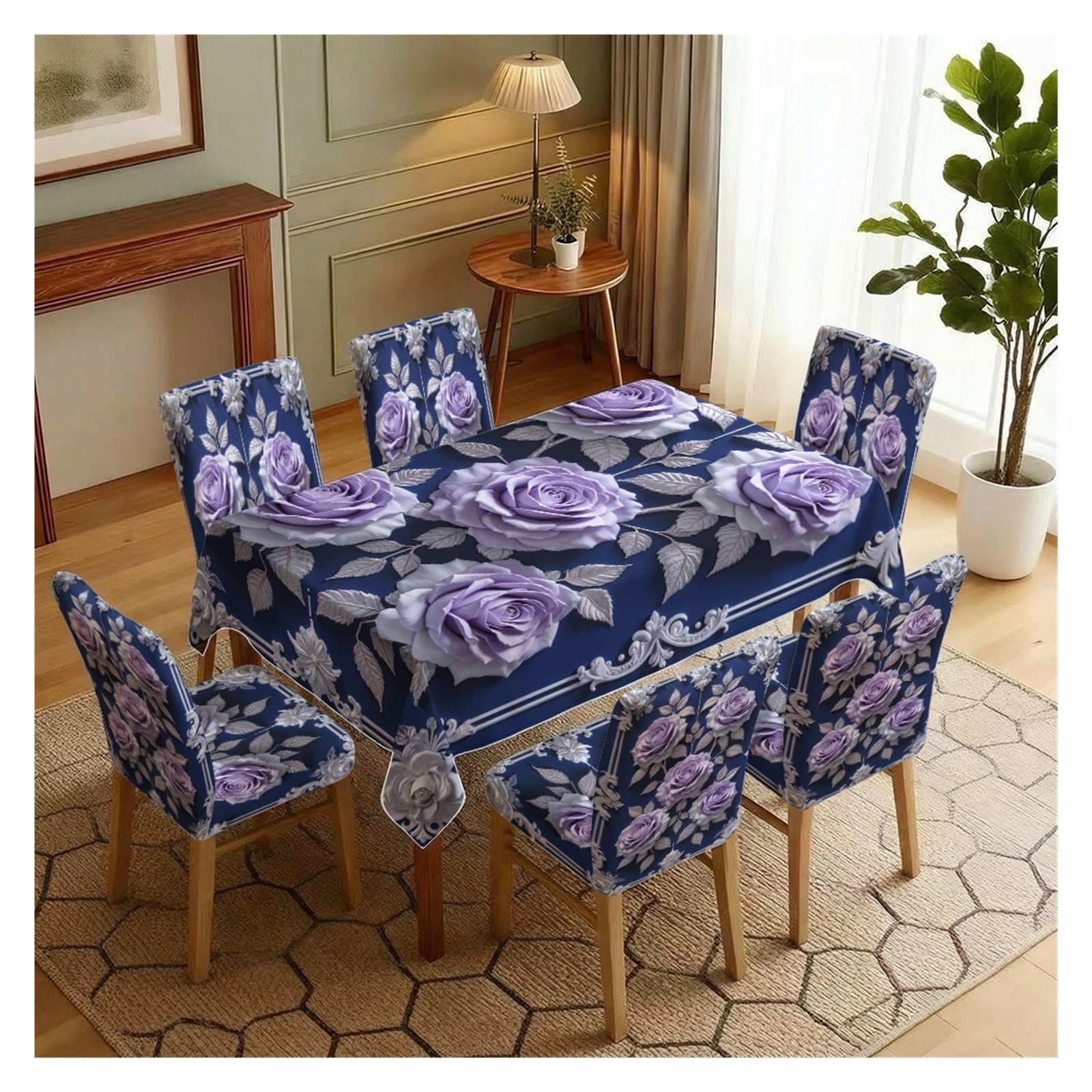 Nappe et housses de chaise bleues et lavande baroque | Lot de 7 pièces pour table