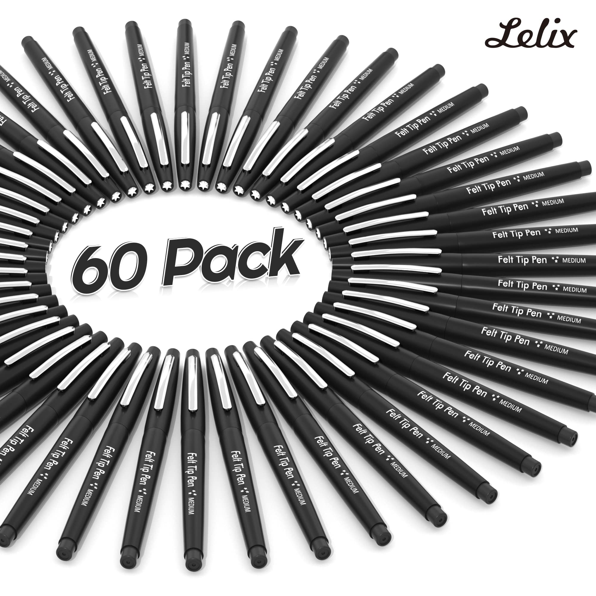 Lelix Lot de 60 feutres noirs à pointe moyenne de 0,7 mm pour journal, écriture, prise de notes, planificateur, parfaits pour l'art, le bureau et l'école