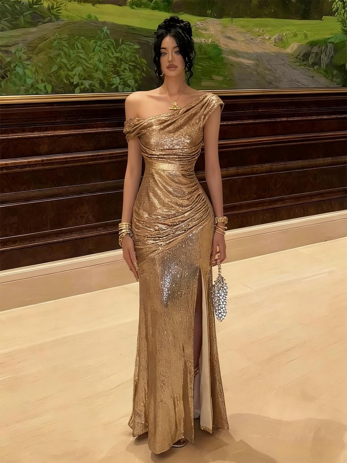 One Shoulder Sequin Prom Dress 2026 Mermaid Maxi Formal Evening Dress AS028