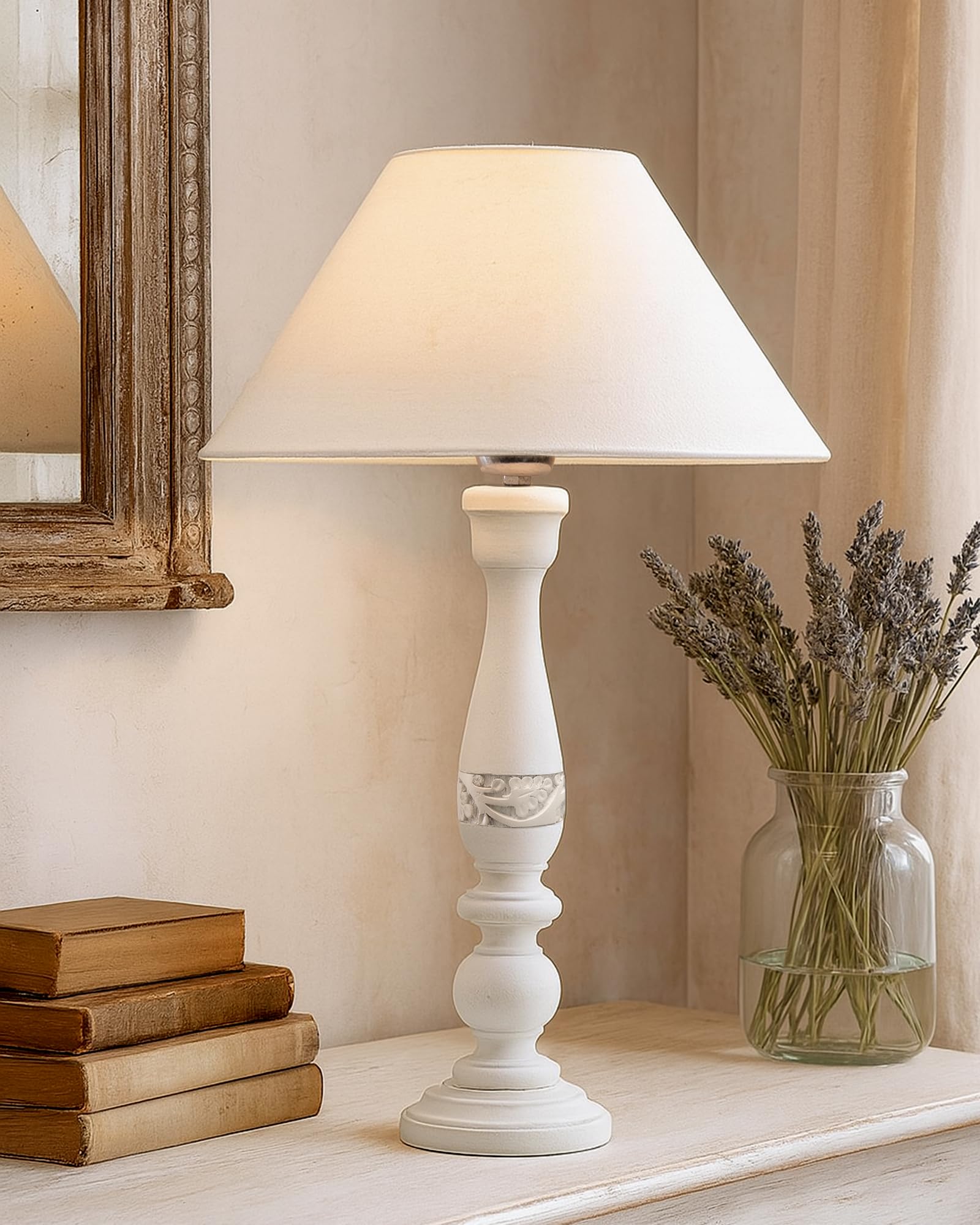 Homesake Wooden Table Lamp with Empire Shade | Antique Bedside & Living Room Decor | Night Lamp for Bedroom, Corner Table, Home Decoration, Diwali Decor Items - White (Pack of 1