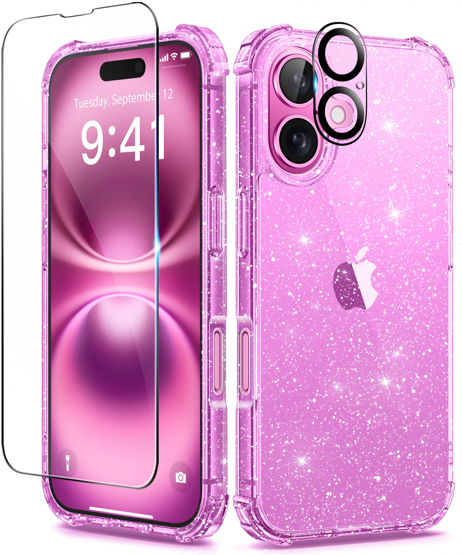BERFY Compatible with iPhone 16 Plus Case Glitter, with 9H Tempered Screen Protector + Camera Lens Protector, [Non-Yellowing] Clear Sparkle Shockproof