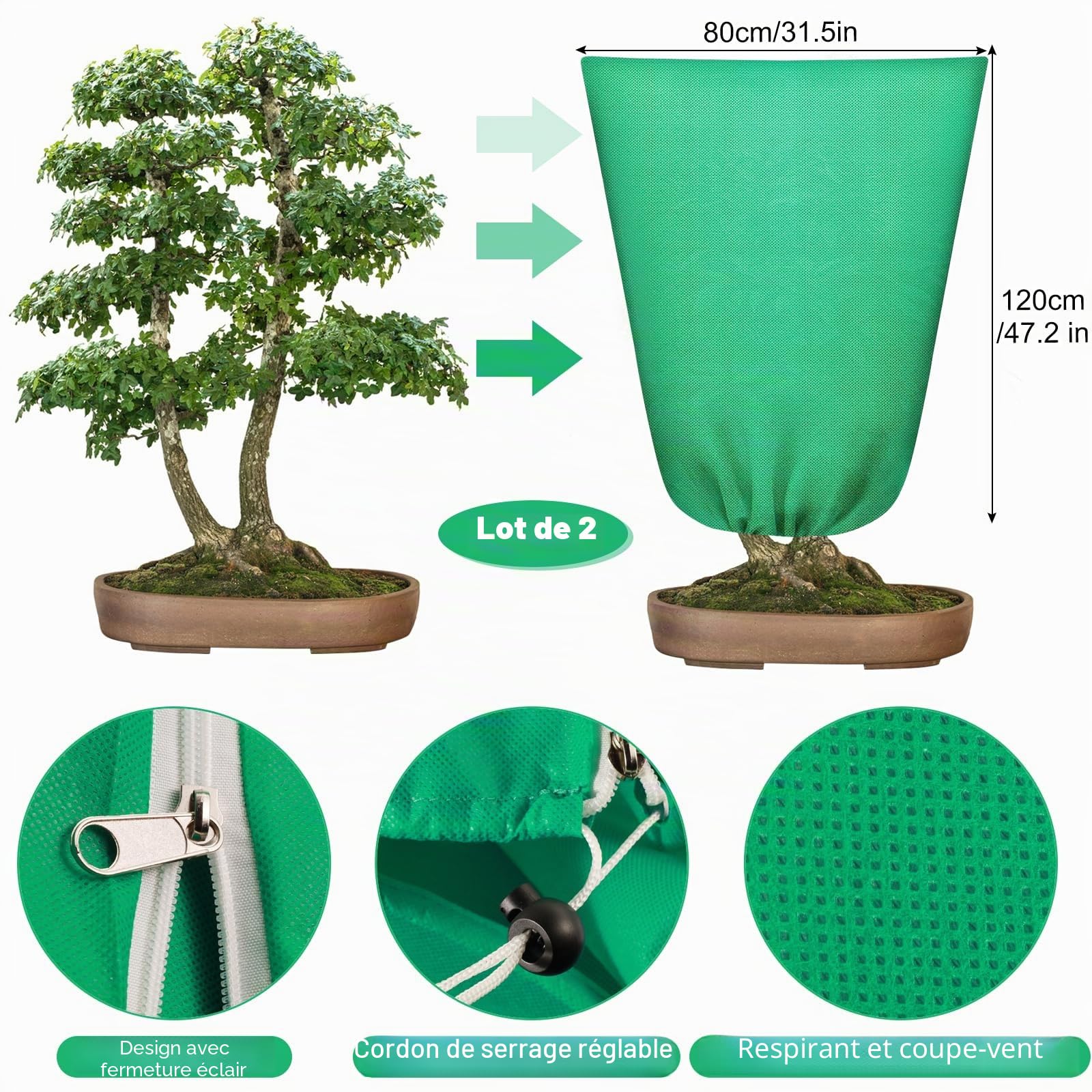 2 Pcs Housses d’Hivernage pour Plantes, 80 x 120 cm, Voile Hivernage 70 g/m² avec Fermeture Éclair et Cordon de Serrage, Protège Contre Le Gel, Le Vent et Les Oiseaux, Réutilisable