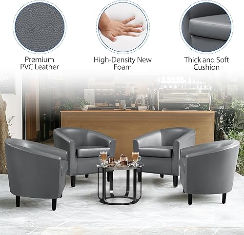 Miniatura 6 de Yaheetech Silla de barril de piel sintética, moderna silla de acento con patas resistentes de madera, silla de club de piel sintética, cómoda silla