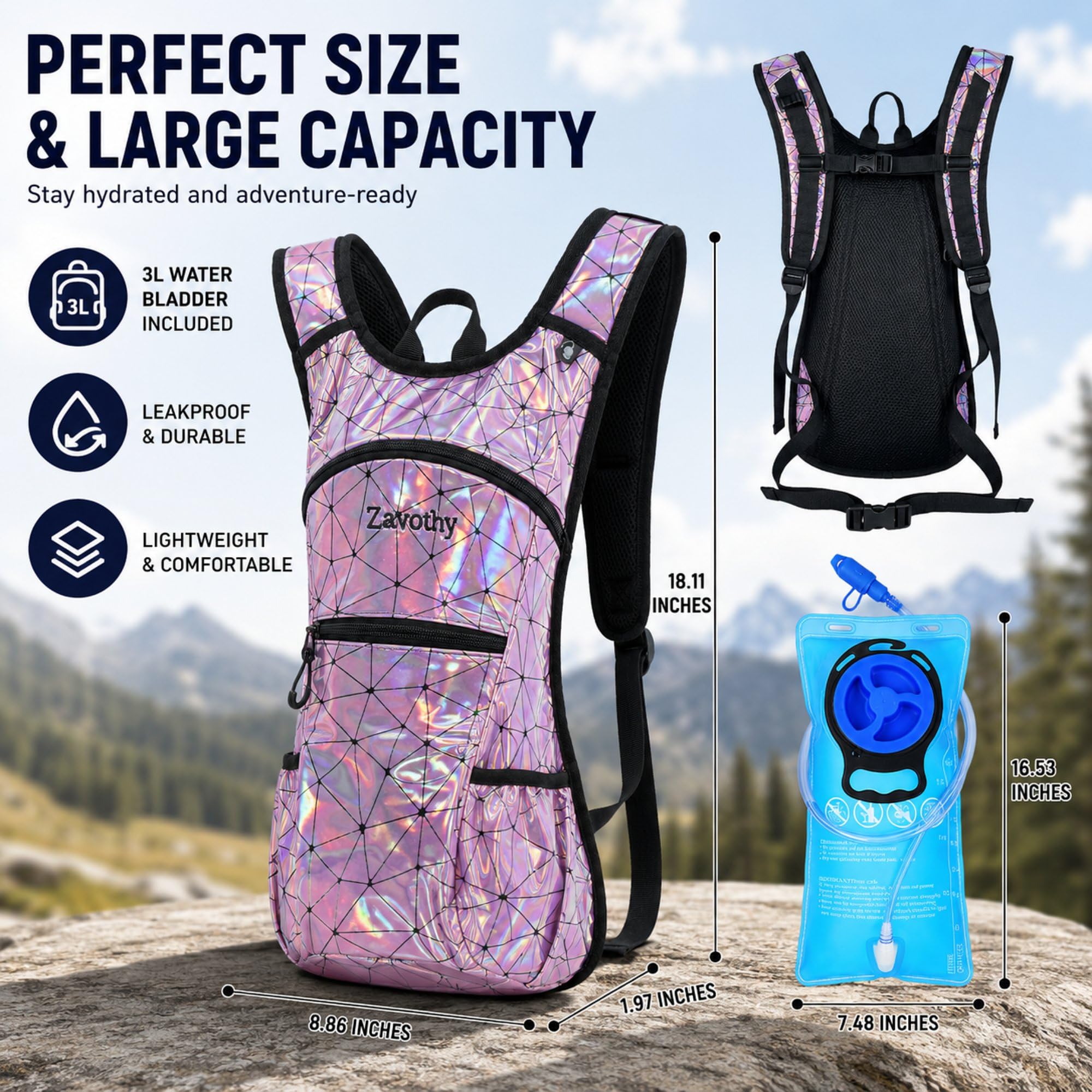 Zaino per idratazione riflettente, zaino idrico con sacca idrica da 2 l/3 l, essenziale per festival, zaino per idratazione rave, per escursioni, corsa, ciclismo e festival