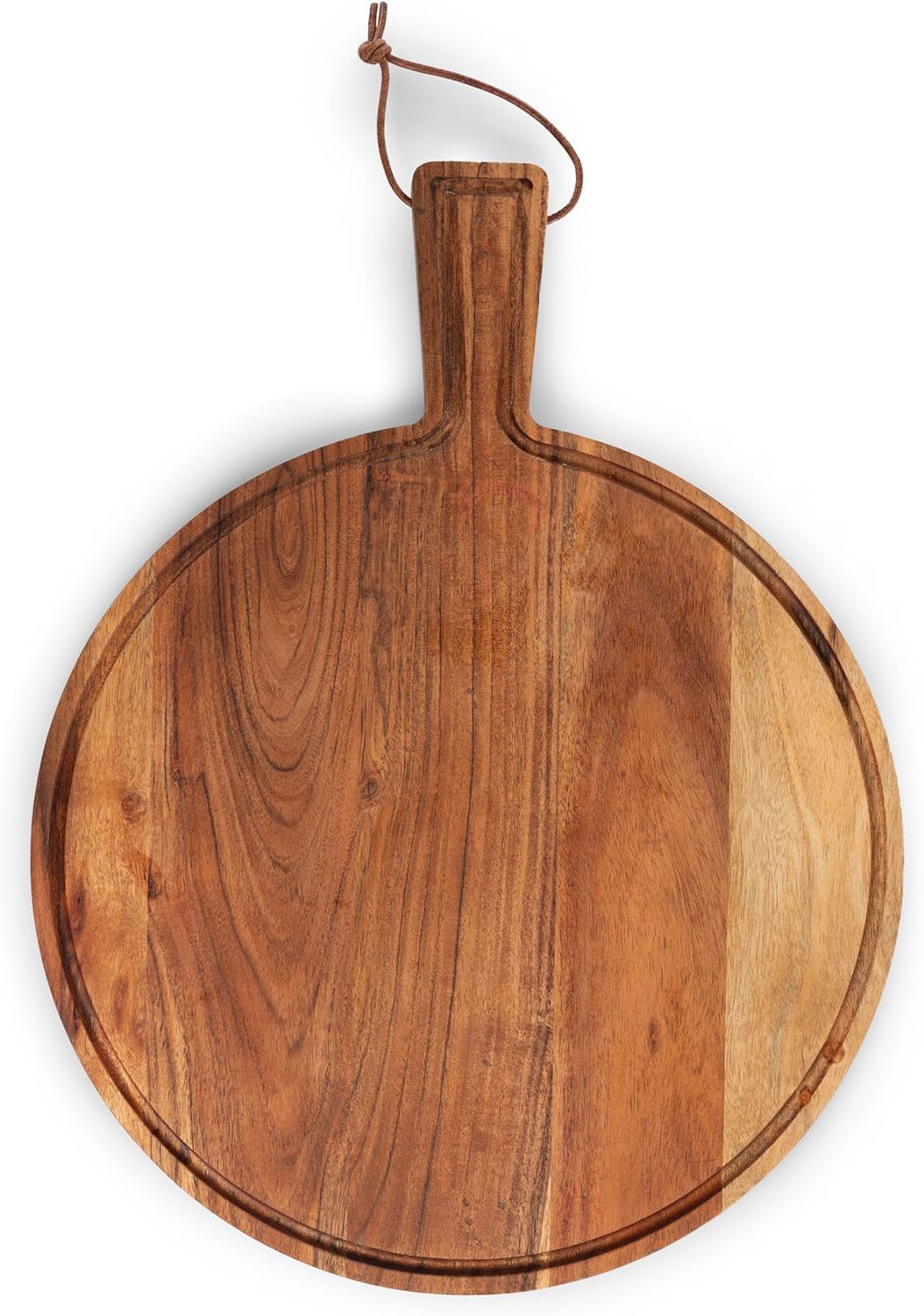 PICNIC TIME Tagliere Round Charcuterie Board with Leather Loop, Acacia Wooden Cutting Board with Handle and Juice Groove, All-Purpose Serving Platter, Decorative Serving Plank, (Acacia Wood)