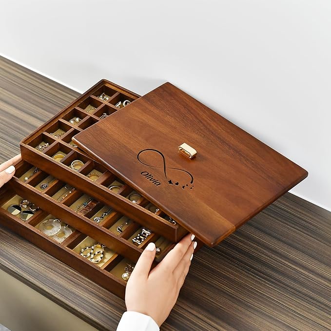 Shanik Custom Engraved Jewelry Box for Women, Stacked 3 tie…