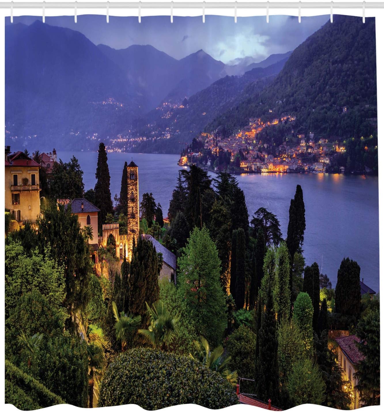 Ambesonne Italian Shower Curtain, Lago Di Camo Lake Famous Coastal Village with Aerial View Picturesque Panorama, Cloth Fabric Bathroom Decor Set with Hooks, 69" W x 75" L, Blue Green