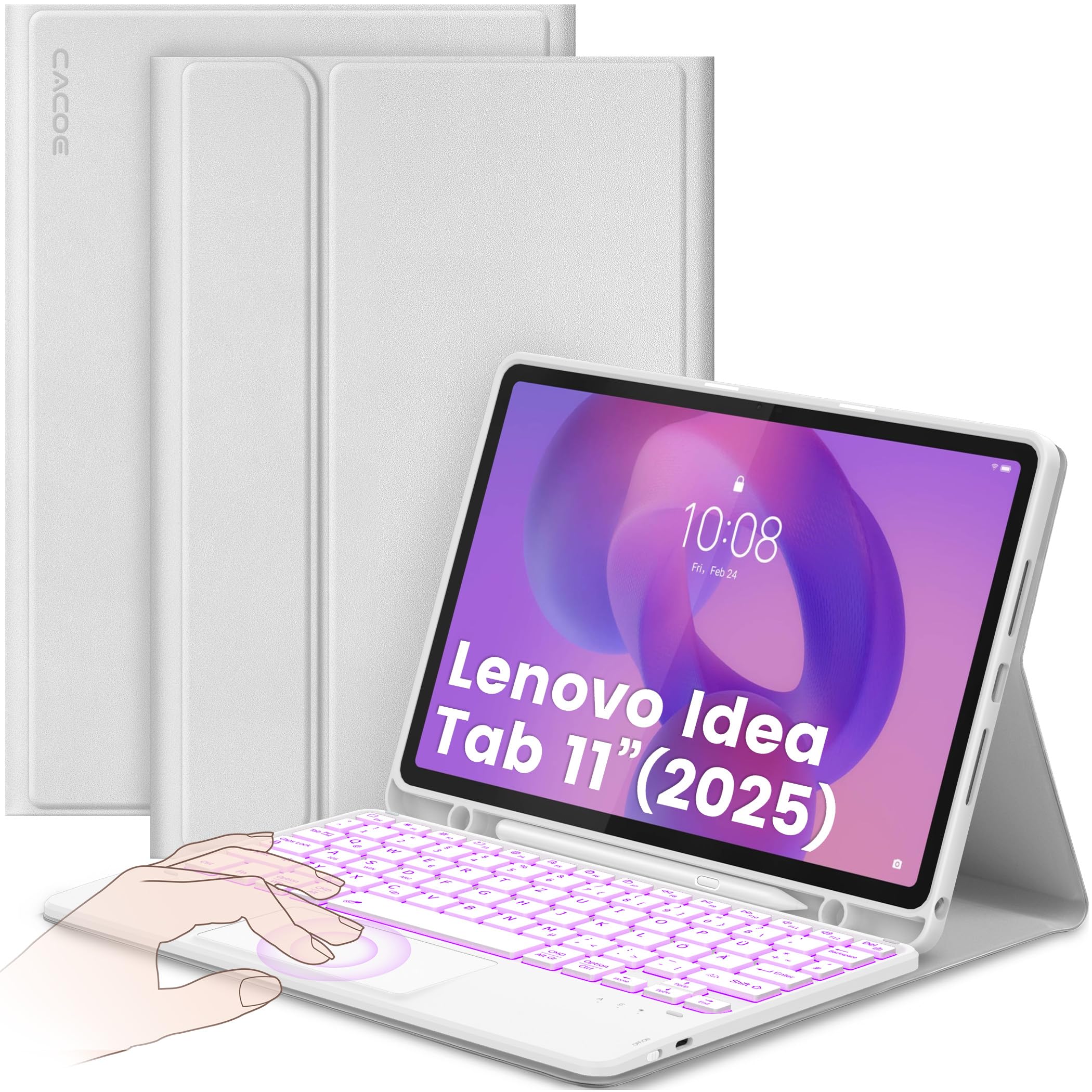 CACOE Tastatur Hülle für Lenovo Idea Tab 2025 11 Zoll (TB-336ZU TB-336FU) mit Touchpad, 7-Farbige Hintergrund Beleuchtung, Abnehmbare Kabellose [QWERTZ] Tastatur Hülle mit Stützfunktion, Grau