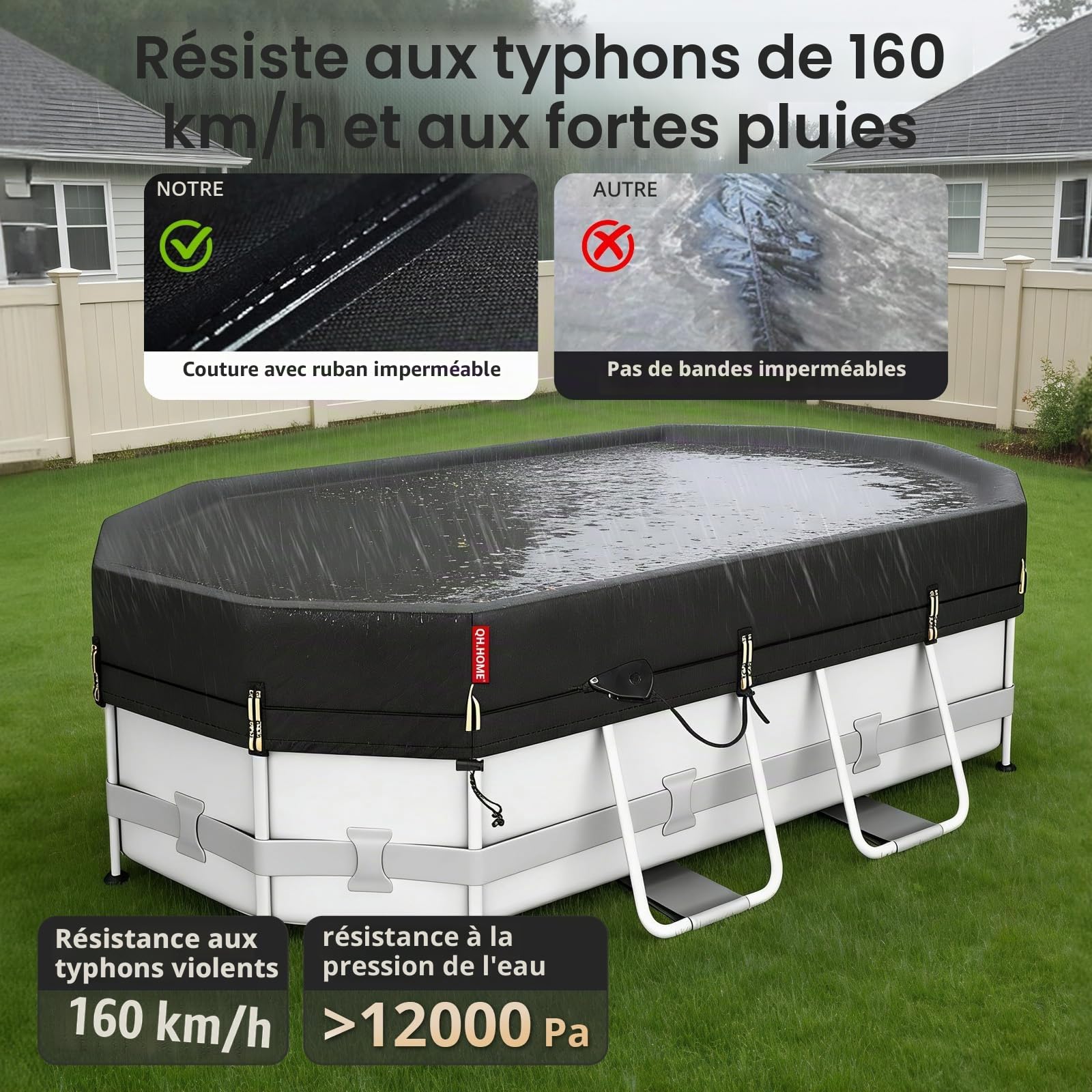 QH.Home Bâche d'hiver Ovale pour Piscine Ovale Bestway/Intex/Coleman de 2,6 x 4,3 m, Tissu Robuste amélioré Durable et Coupe-Vent Ultime avec cliquet à Serrage Rapide, résistant au Froid et aux UV