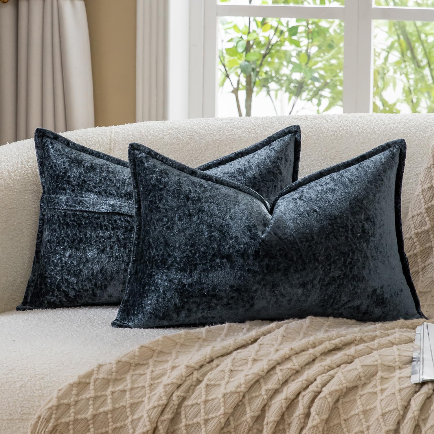 Madizz Decorative Vintage Chenille Cushion Covers Pack of 2 Plaid Couch Pillows Neutral Boho Farmhouse Pillow Cases Home Decor for Couch Sofa Bedroom Living Room 30x50 CM, Dark Blue