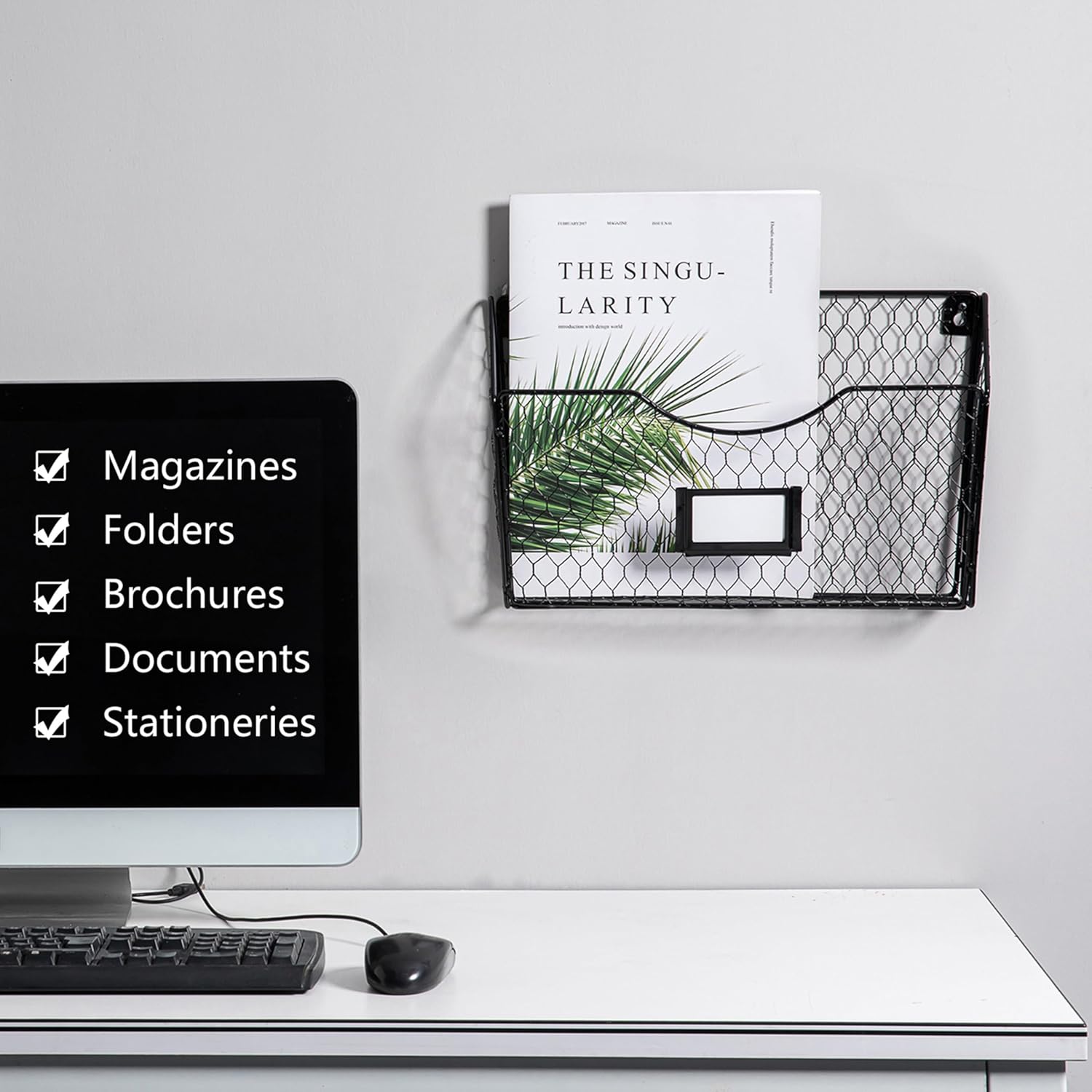 NA Mesh Magazine Rack 3 Pockets Wall Mount Hanging File Holder Organizer with Tag Slot, Metal Chicken Wire Mail Sorter Document Magazine Literature Rack for Office Home