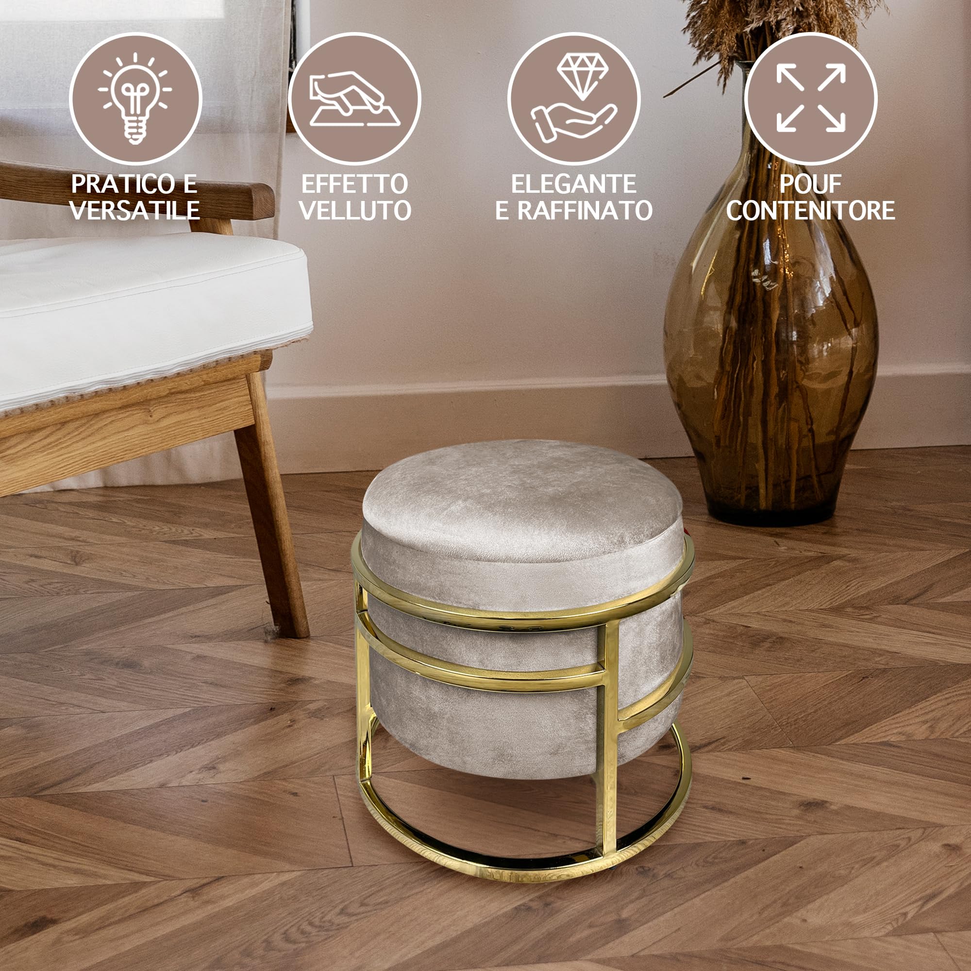IlGruppone Pouf Contenitore Poggiapiedi Velluto con Struttura Circolare Cromata Oro Elegante Imbottito Sgabello per Toeletta Mobile Trucco Ottomano Ingresso Camera da Letto Rotondo - Tortora