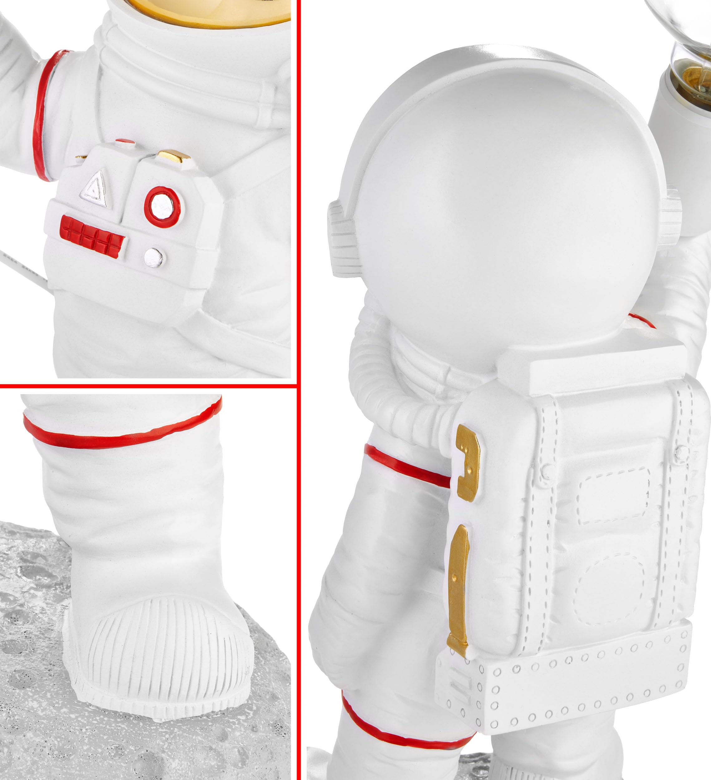 BRUBAKER Lampe de Table Astronautes - 40 cm Lampe de Chevet Spatiale avec Douille E27 et USB-C Connecteur - Statue Décorative Peinte à la Main – Blanc et Or